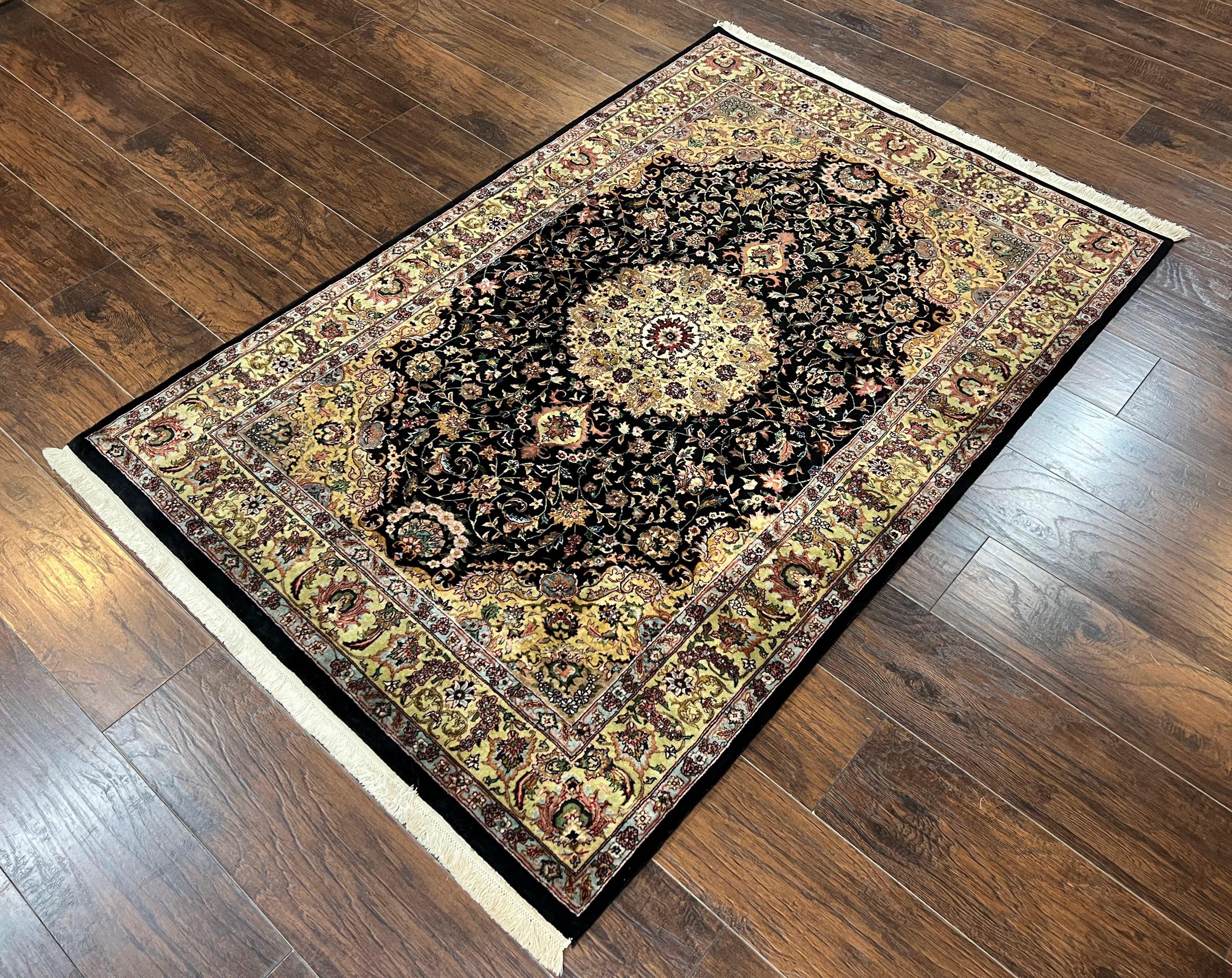 Indo Persian Rug 4x6, Fine Highly Detailed Indian Oriental Carpet 4 x 6 ft, Floral Medallion, Unique Colors, Black Light Gold, Wool Handmade - Jewel Rugs