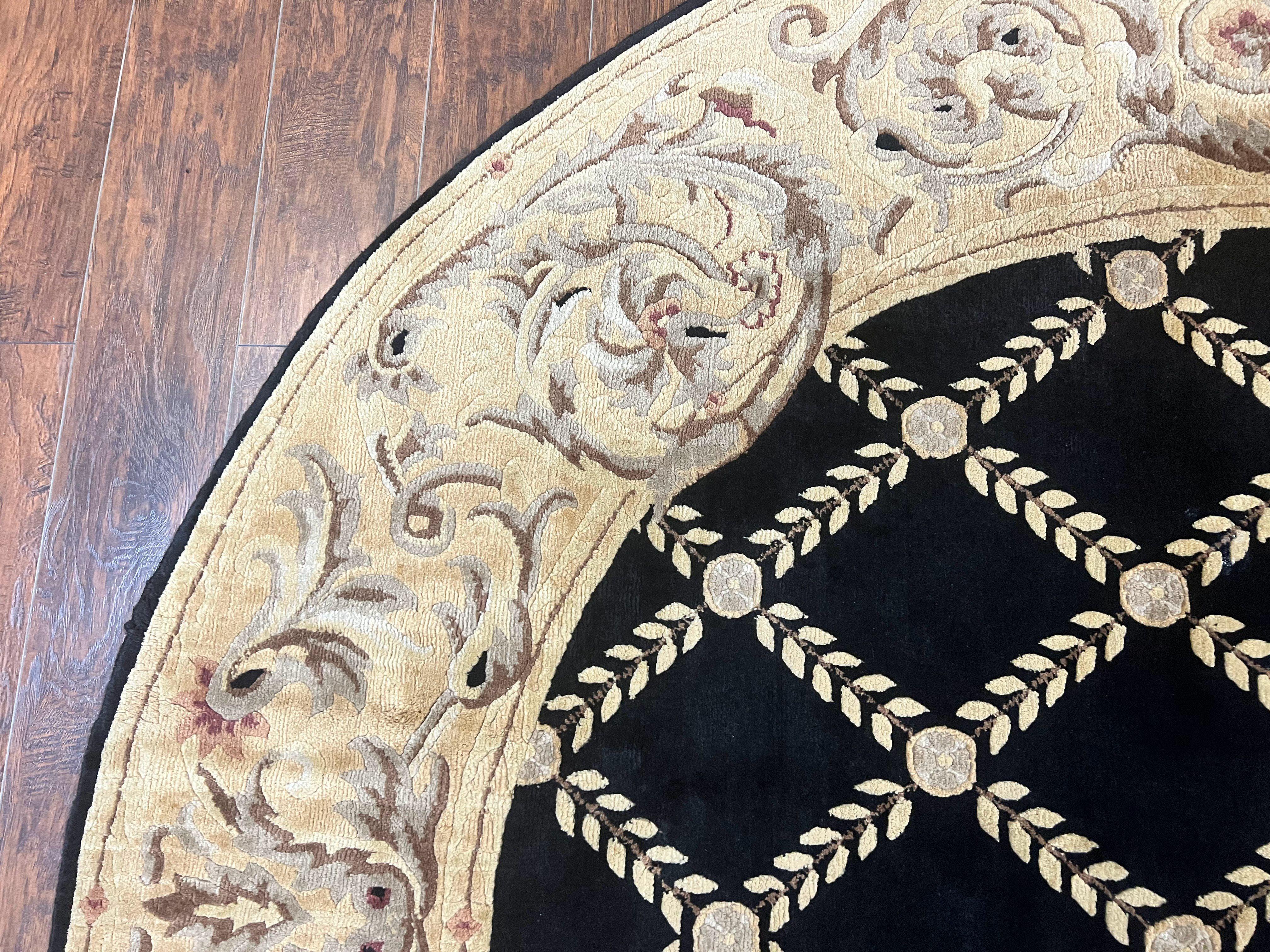 Oval Tibetan Rug 8x10, French Aubusson Design, Wool Handmade Vintage Carpet, Black & Beige, Soft Wool Pile - Jewel Rugs