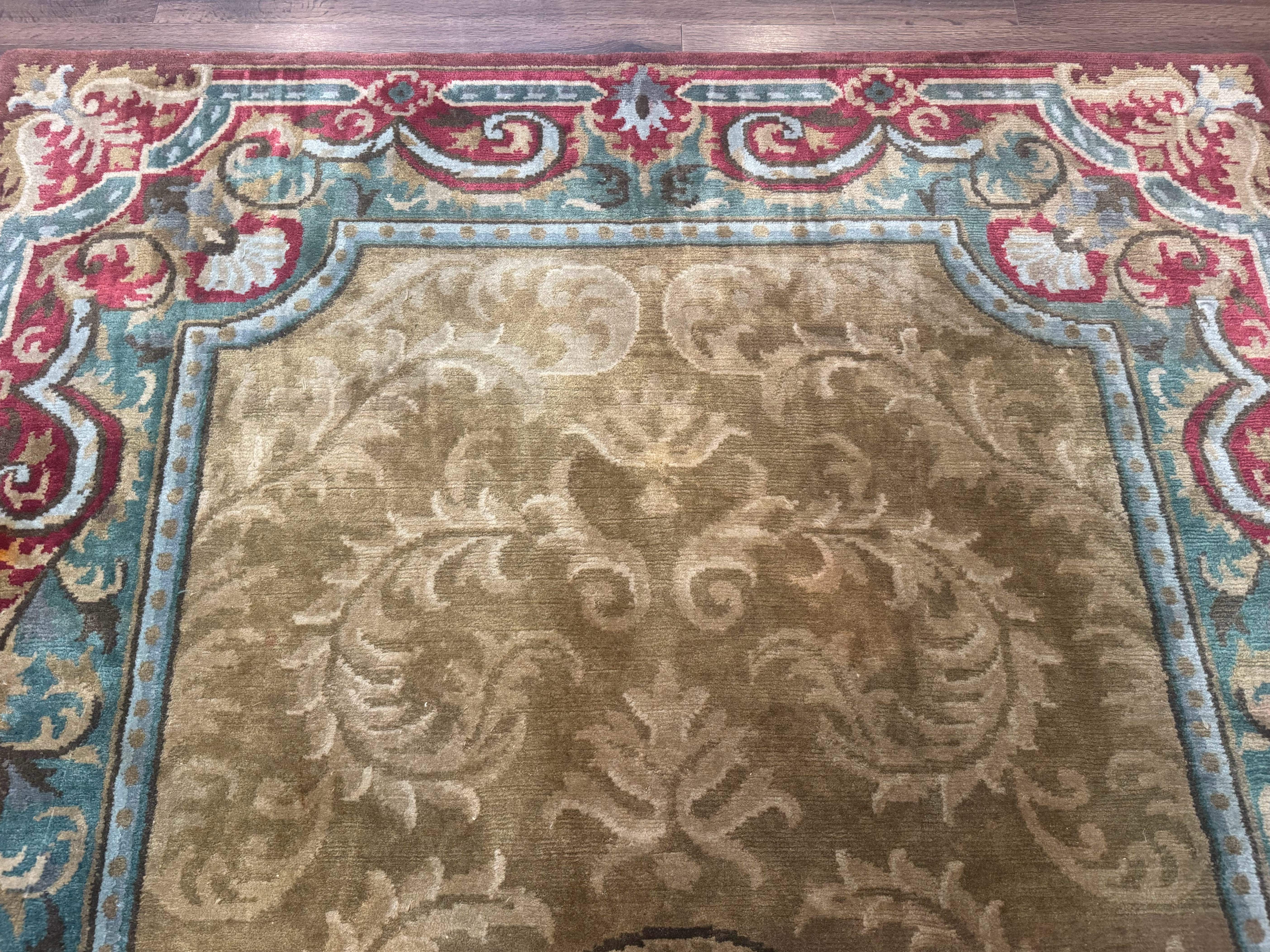 Tibetan Aubusson Rug 6x9, Gold-Beige, Soft Wool Pile, Handmade - Jewel Rugs