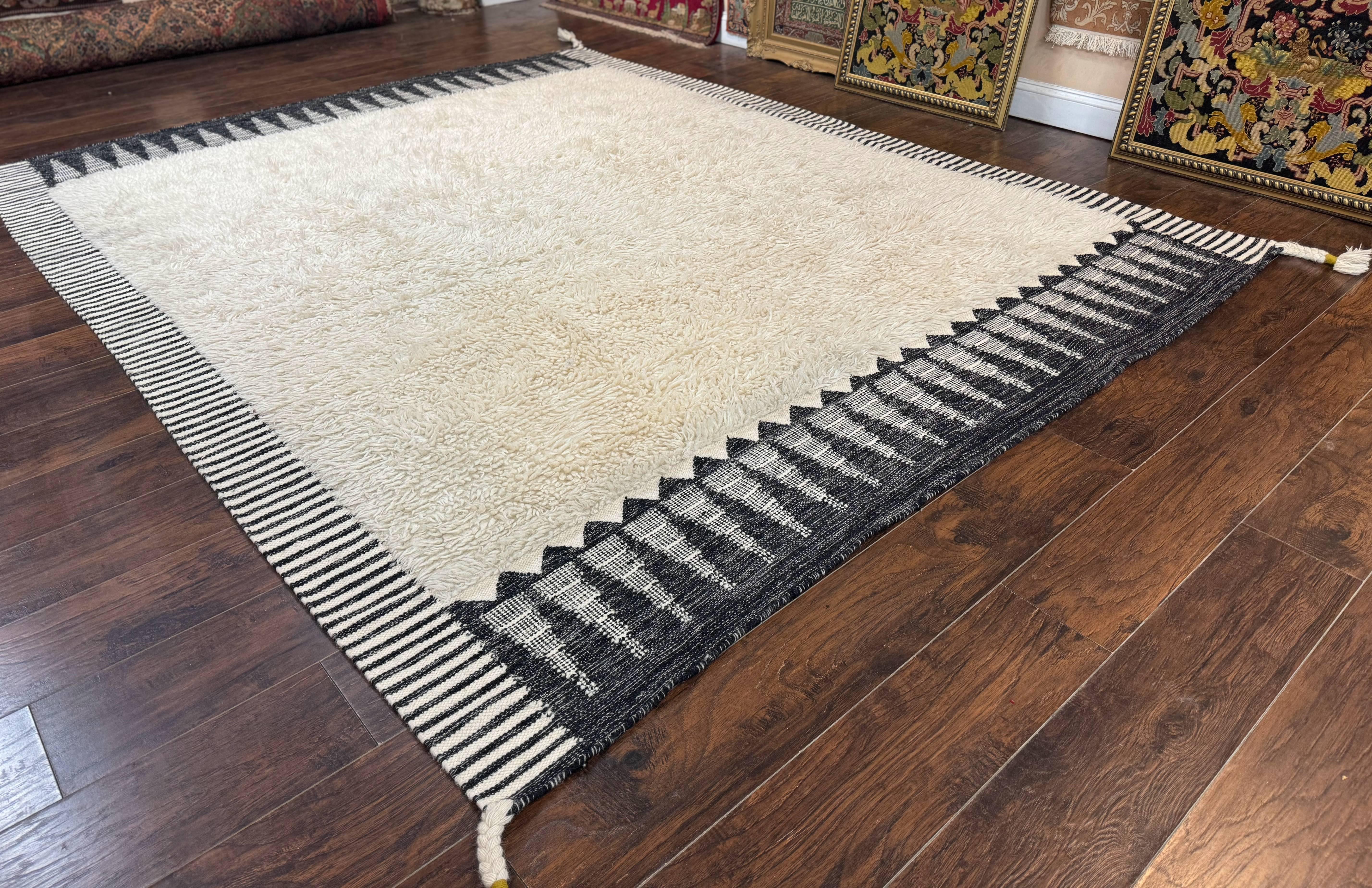 Ikat Border Shag Rug 8x10, Handmade Indian Shag Rug, Modern Contemporary - Jewel Rugs