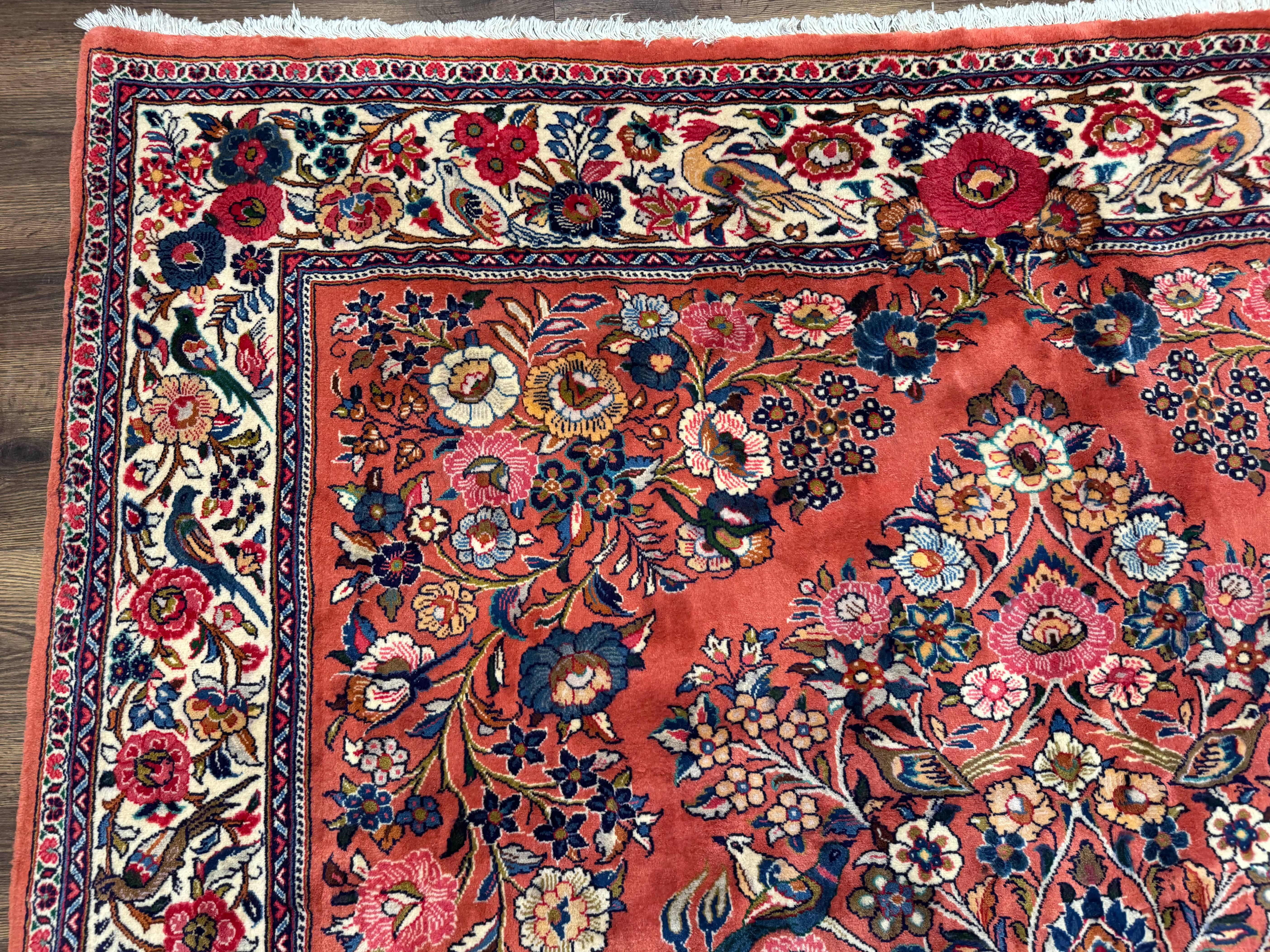 Persian Sarouk Rug 7x10, Red and Ivory, Floral Bouquets, Birds - Jewel Rugs