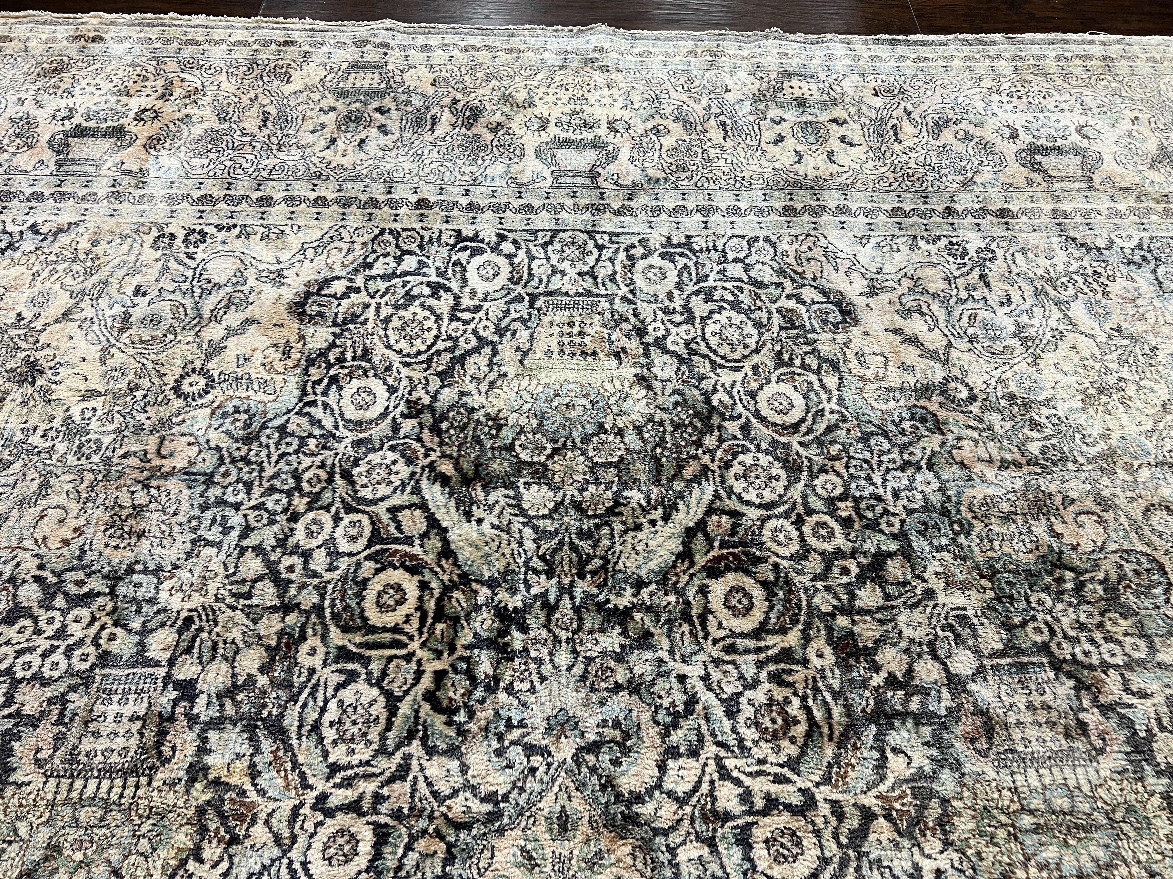 Silk Pak Persian Rug 10x14, Large Fine Silk Carpet 300 KPSI, Dark Gray, Handmade Vintage Rug, Floral, Bird Motifs - Jewel Rugs
