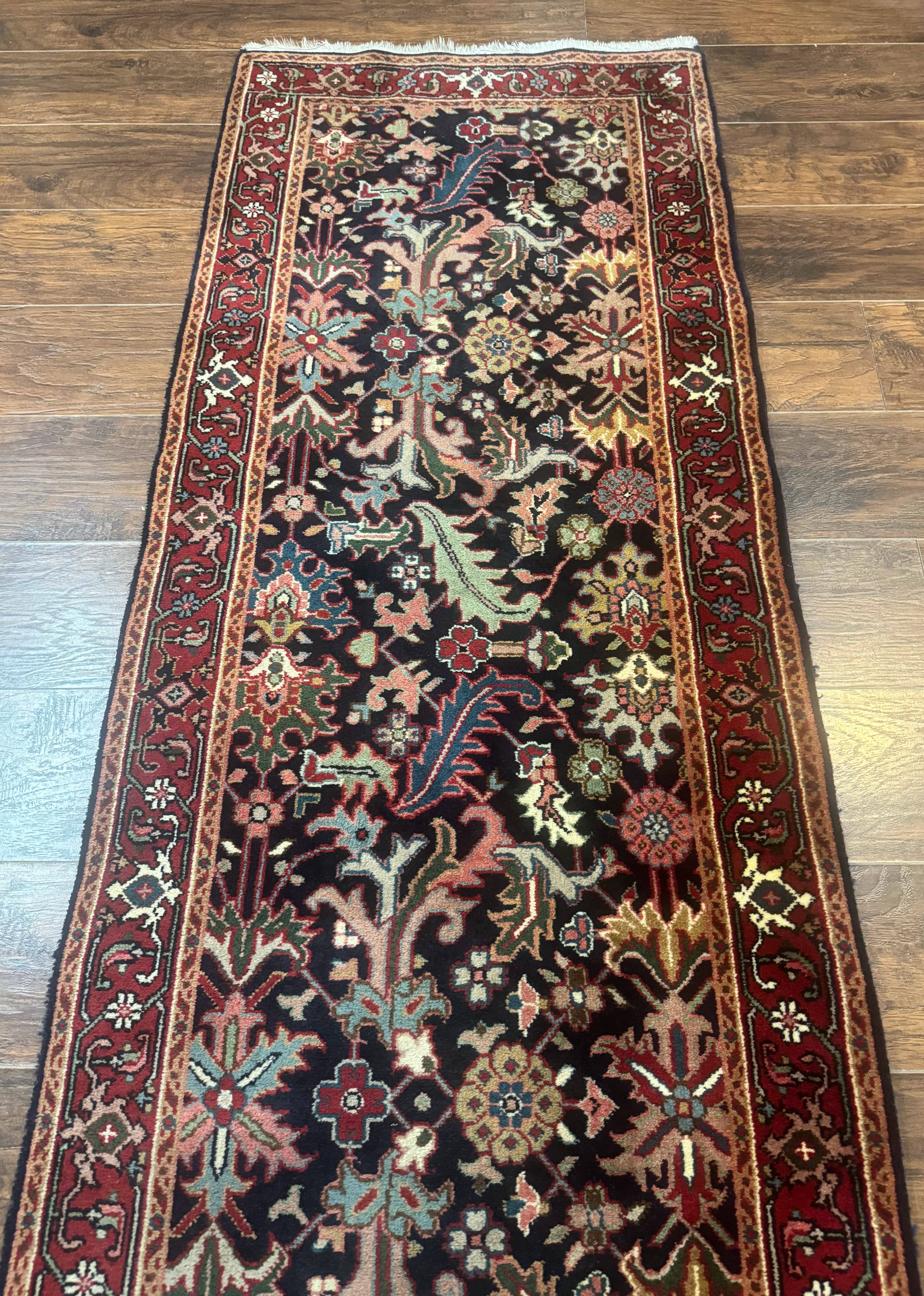 Indo Persian Runner Rug 2.7 x 13, Navy Blue and Red, Allover Floral, Wool, 13ft Runner - Jewel Rugs