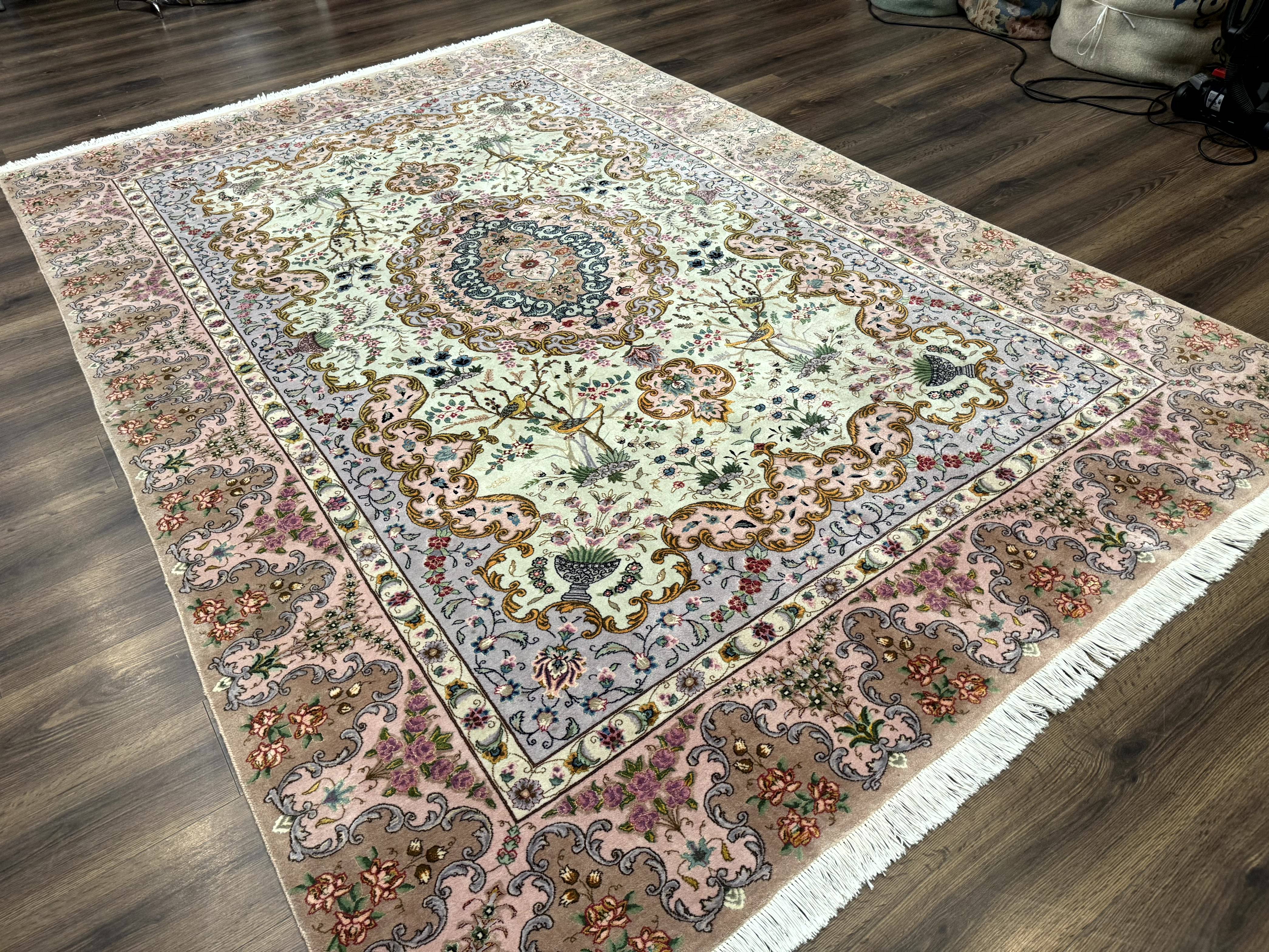 Wonderful Persian Tabriz Rug 7x10, Very Fine 330 KPSI, Light Green Light Blue Pink, Kork Wool Silk Foundation, Bird Pictorials - Jewel Rugs