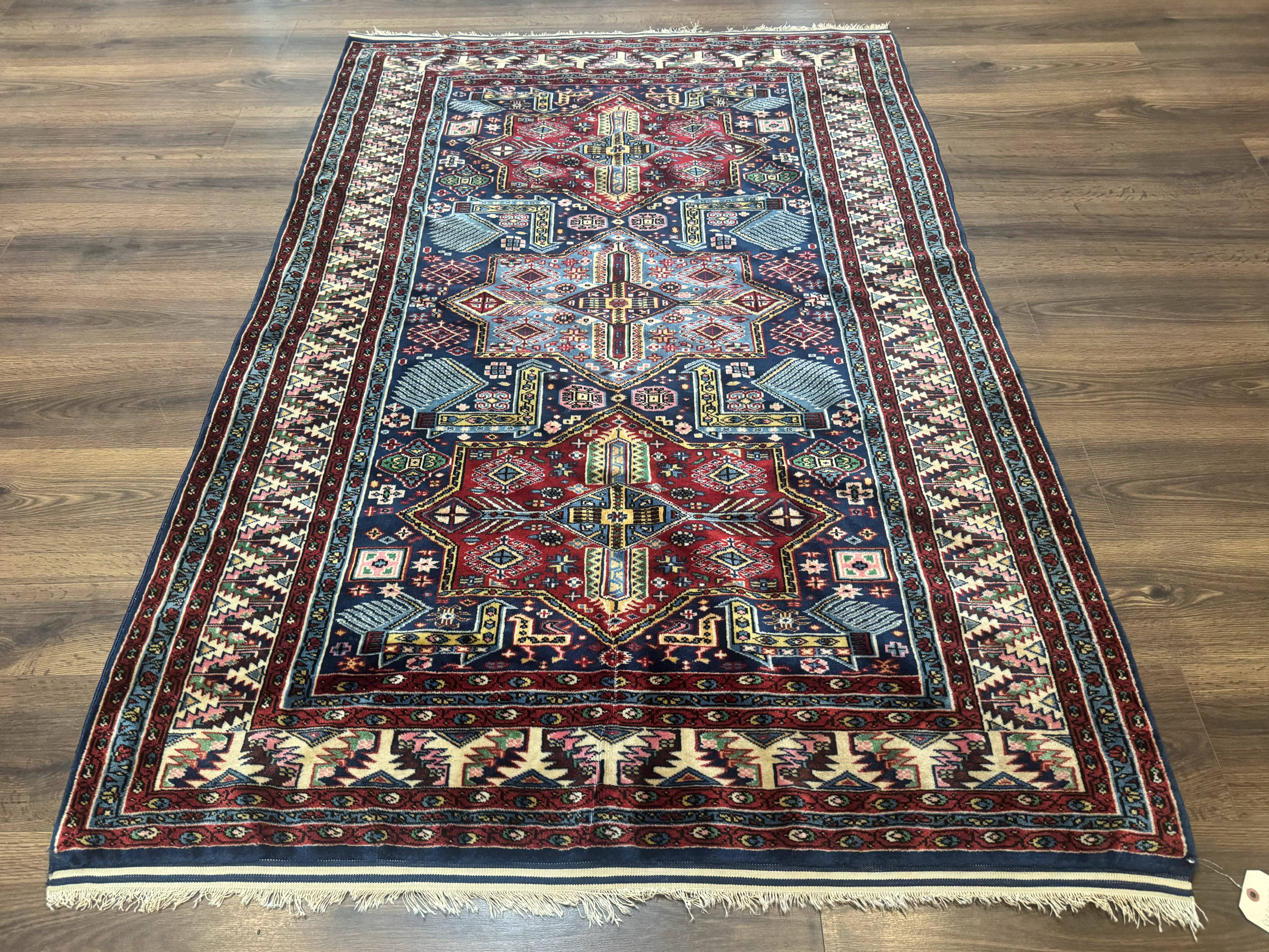 Indian Rug with Caucasian Design, 4x6 Geometric Carpet, Navy Blue and Cream - Jewel Rugs