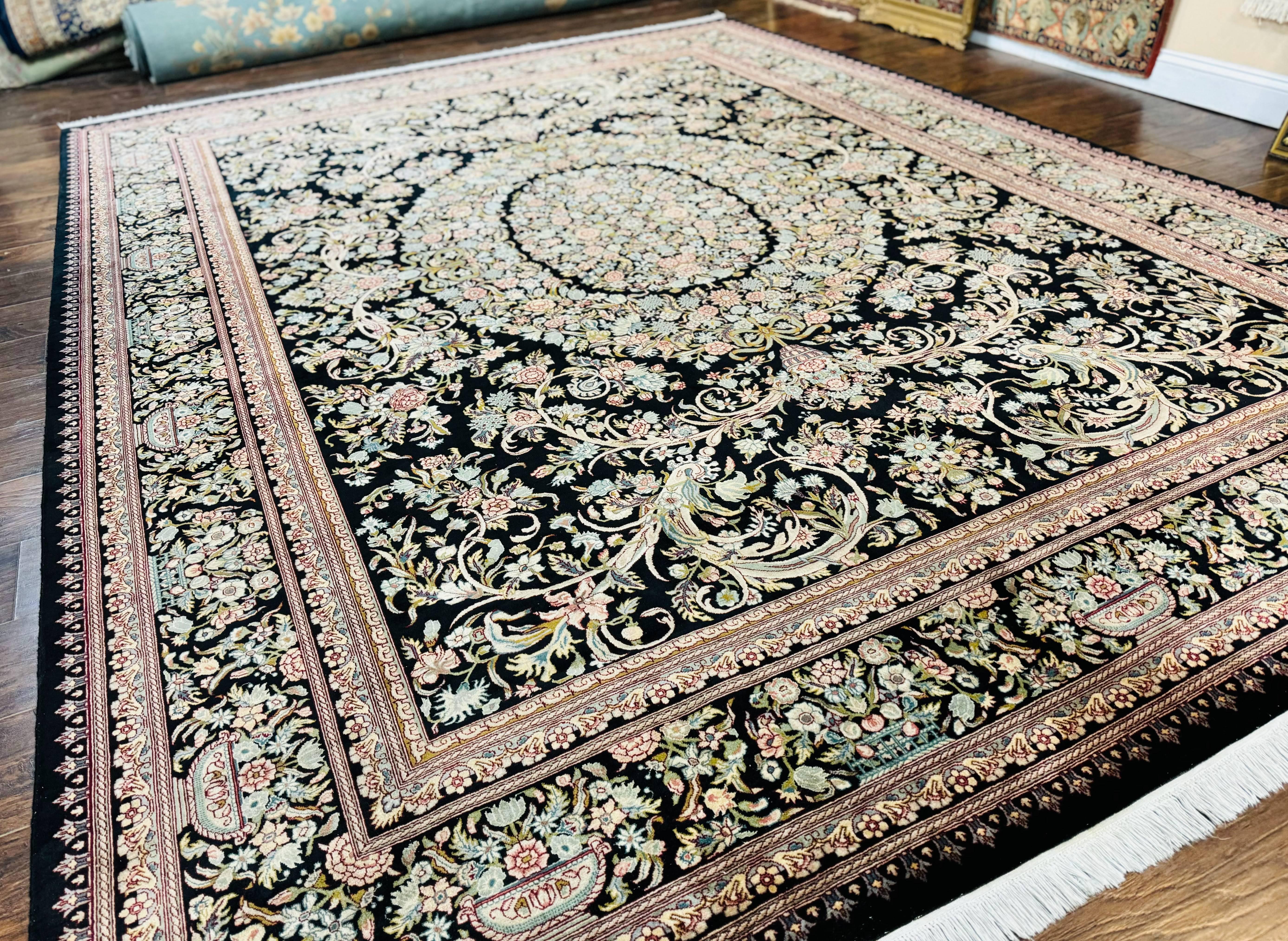 Pak Persian Rug 9x12, Highly Detailed Fine 260 KPSI, Floral, Handmade Traditional Carpet, Black - Jewel Rugs