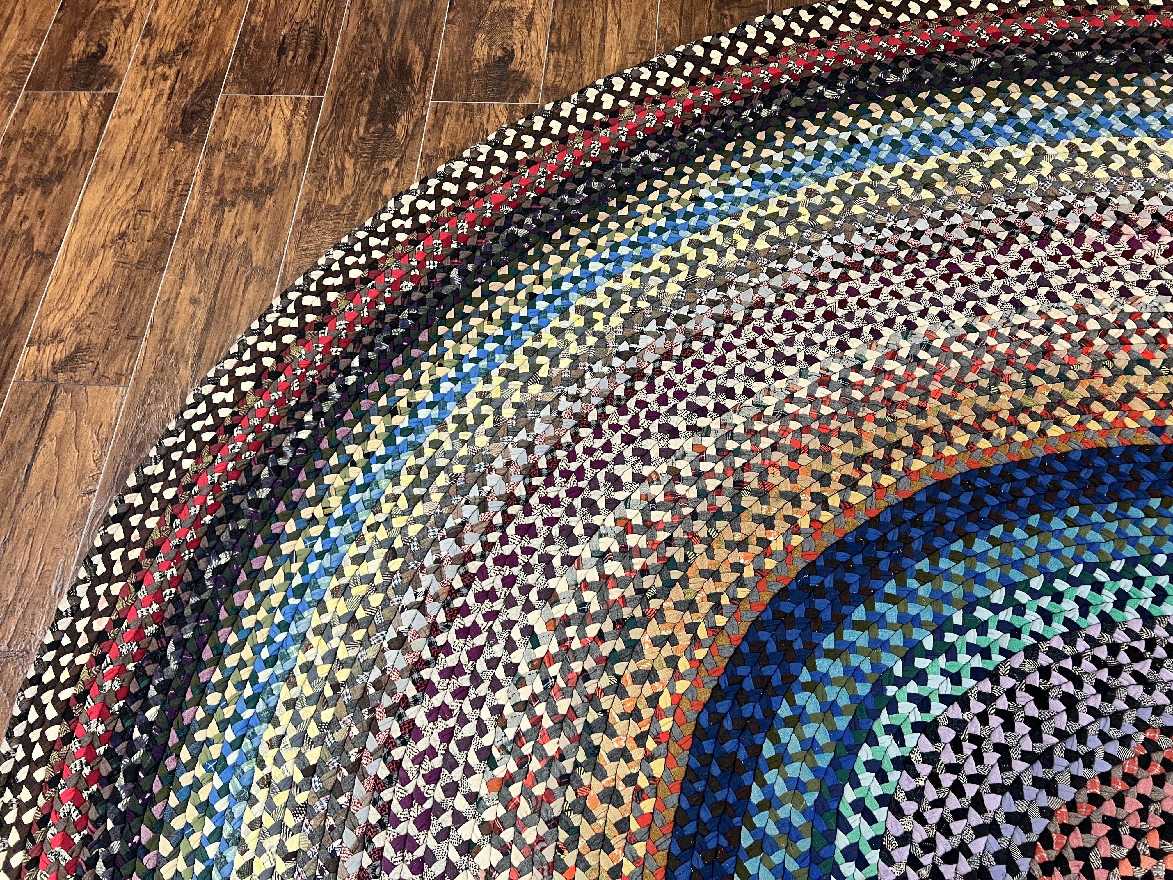 Large American Braided Rug 10x13, Colorful Wool Hand Braided Vintage Mid Century Braided Carpet, Large Multicolor Oval Braided Rug 10 x 13 - Jewel Rugs