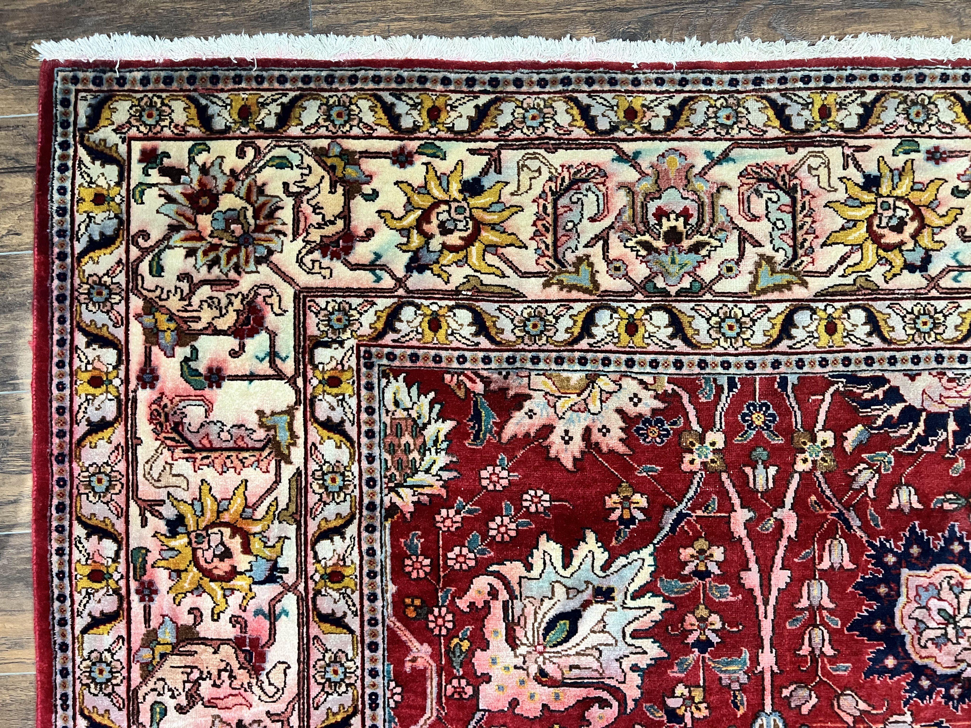 Persian Tabriz Rug 10x12, Floral Allover, Handmade Vintage Wool Carpet, Red and Cream - Jewel Rugs
