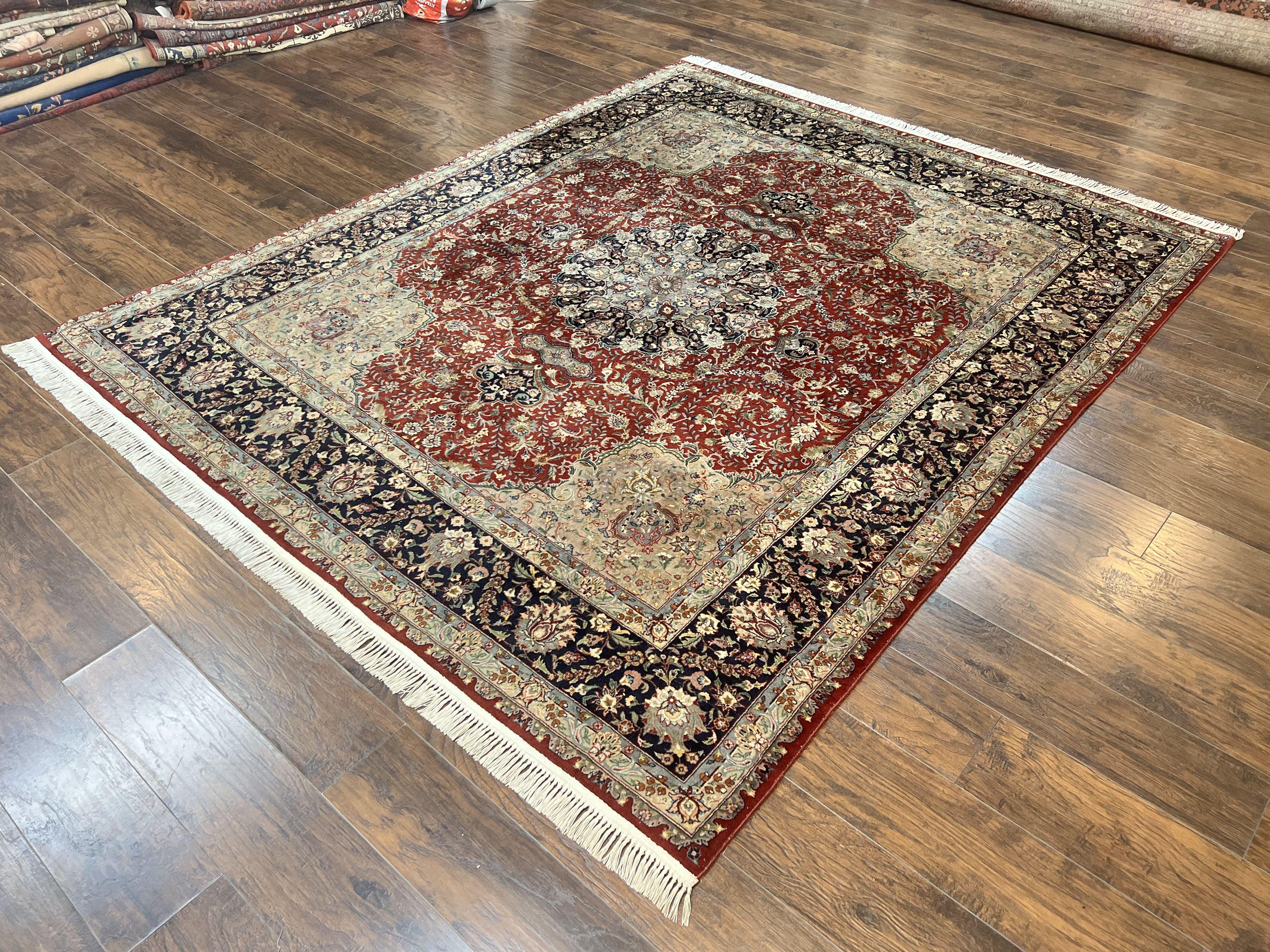 Pak Persian Rug 8x10, Wool Hand Knotted Vintage Carpet, Dark Red & Navy Blue, Dome Design Floral Medallion Rug, 8 x 10 Oriental Rug - Jewel Rugs