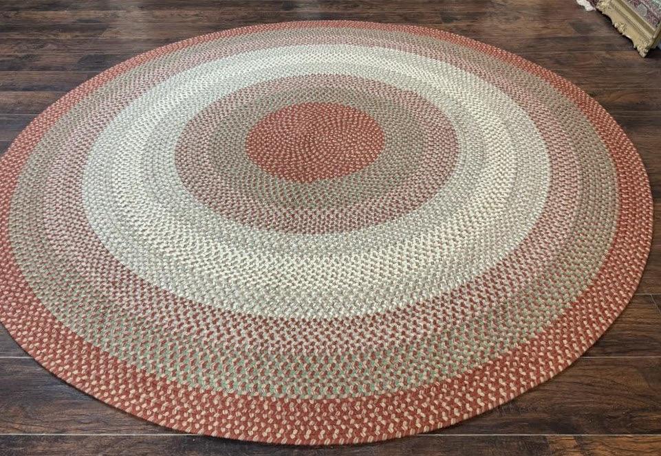 Large Round American Braided Rug 8x8 ft, Wool Vintage Handbraided Carpet, Multicolor - Jewel Rugs