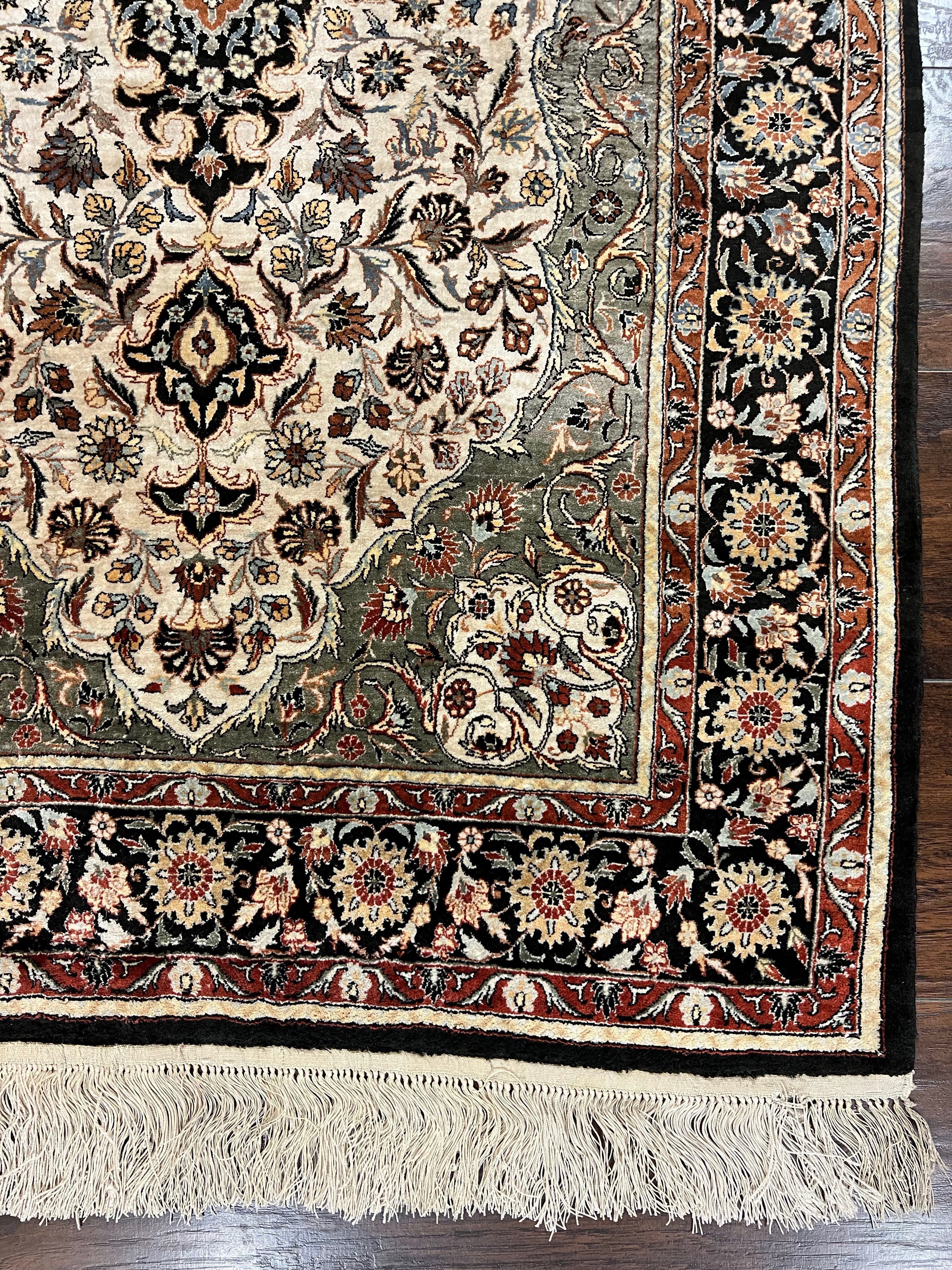 Silk Sino Persian Rug 3x5, Floral Medallion, Hand Knotted Silk Pile Silk Foundation, Traditional Silk Handmade Oriental Carpet, Cream Black - Jewel Rugs
