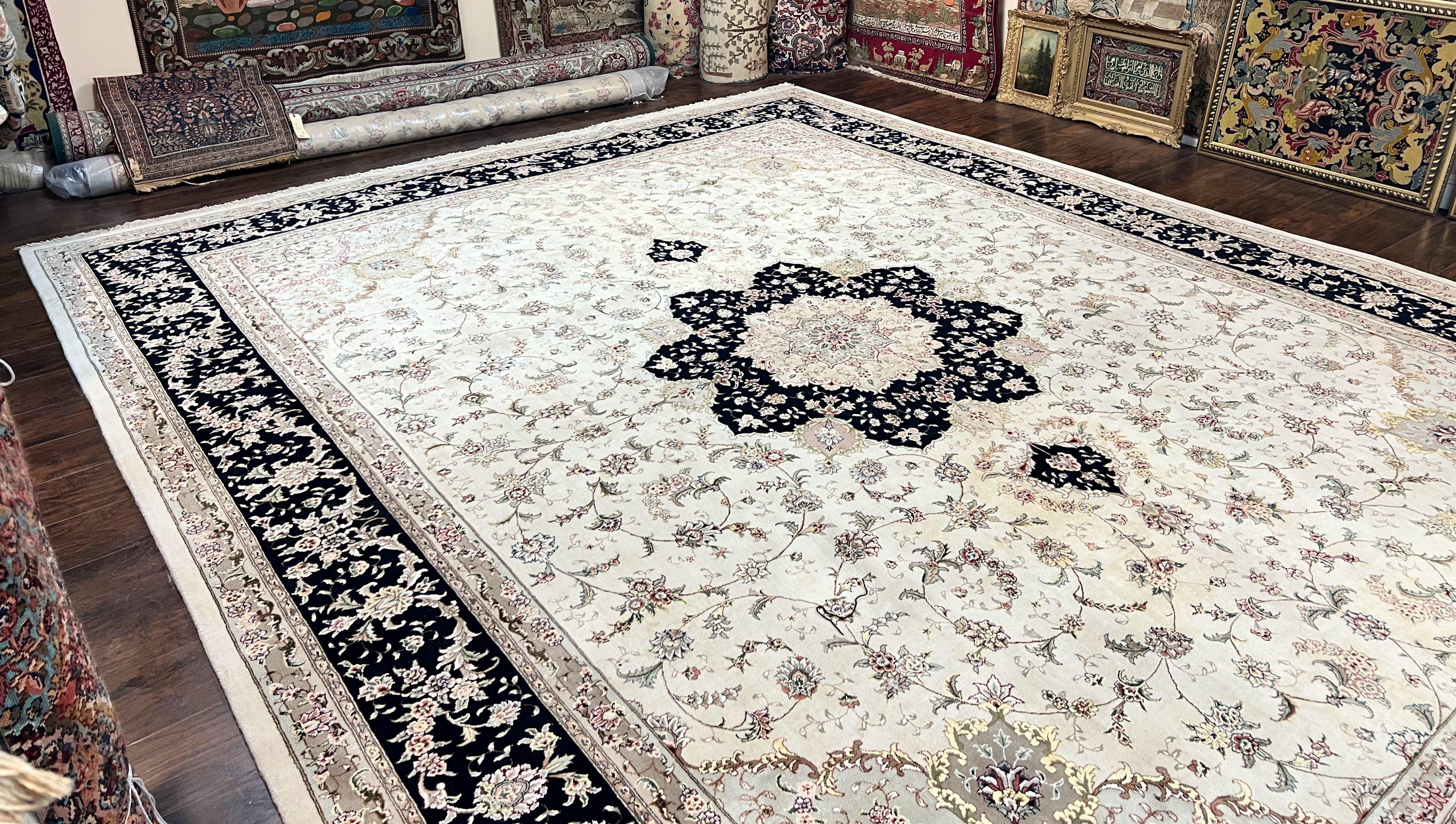 Sino Persian Rug 12x15, Ivory and Black, Floral Medallion Carpet, Large Palace Size Oriental Rug, Wool and Silk Highlights, Vintage Rug - Jewel Rugs