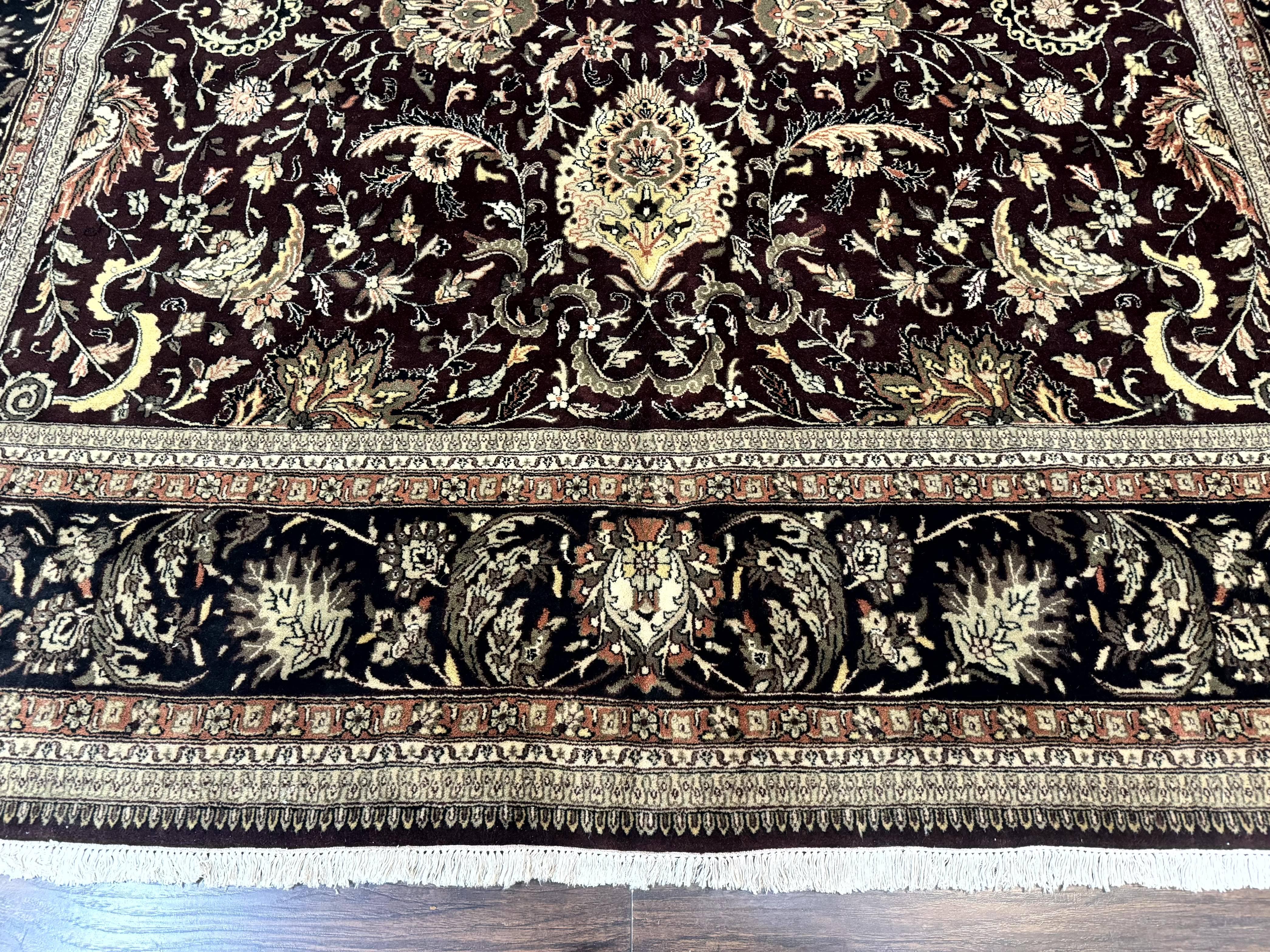 Indo Persian Rug 10x14, Floral Allover, Handmade Vintage Wool Rug, Dark Maroon/Plum and Black - Jewel Rugs