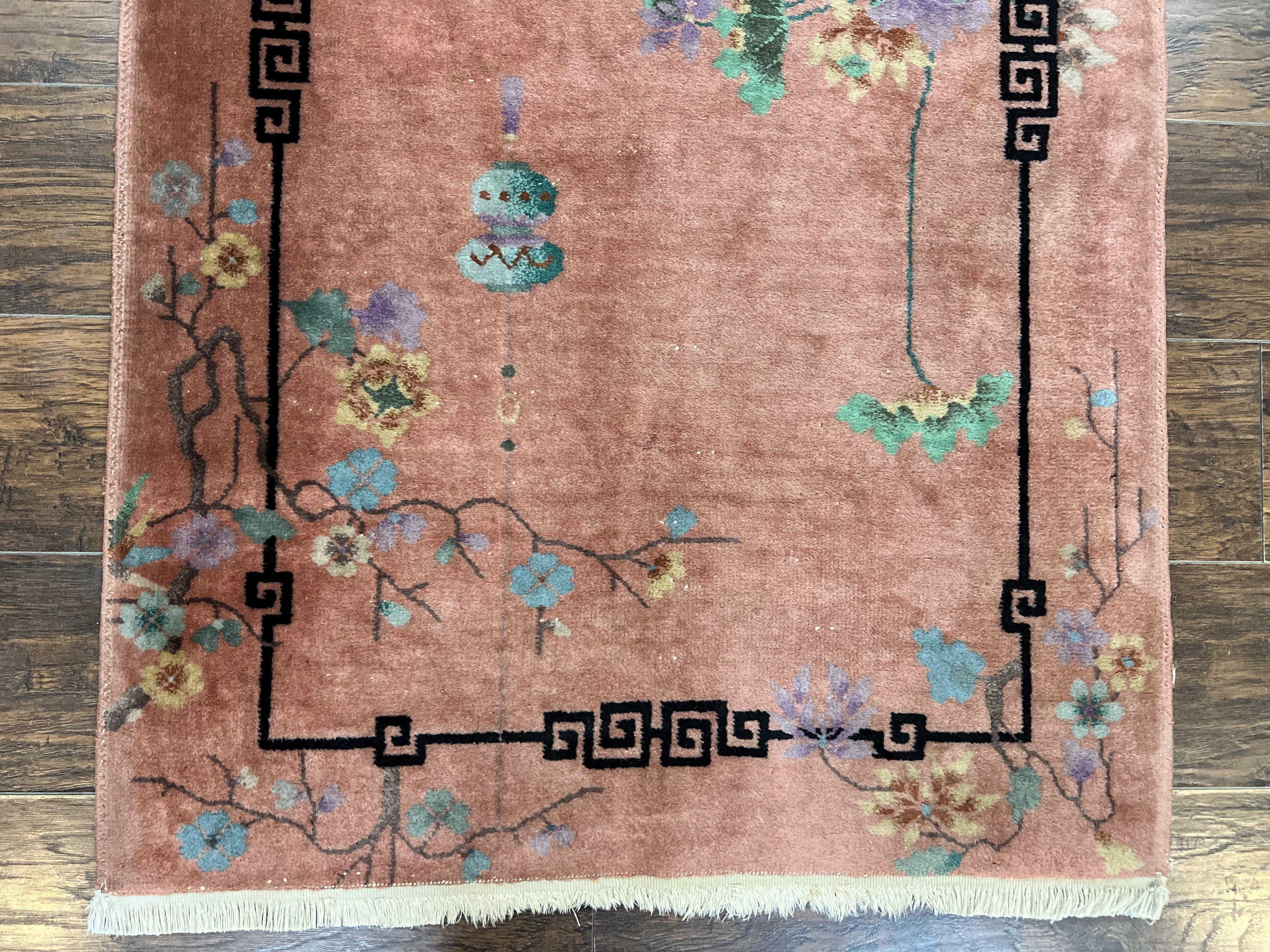 Chinese Art Deco Rug 3x5, Wool Hand Knotted Semi Antique Vintage Carpet, Salmon Red, Birds Flowers, Asian Oriental Rug 3 x 5 - Jewel Rugs