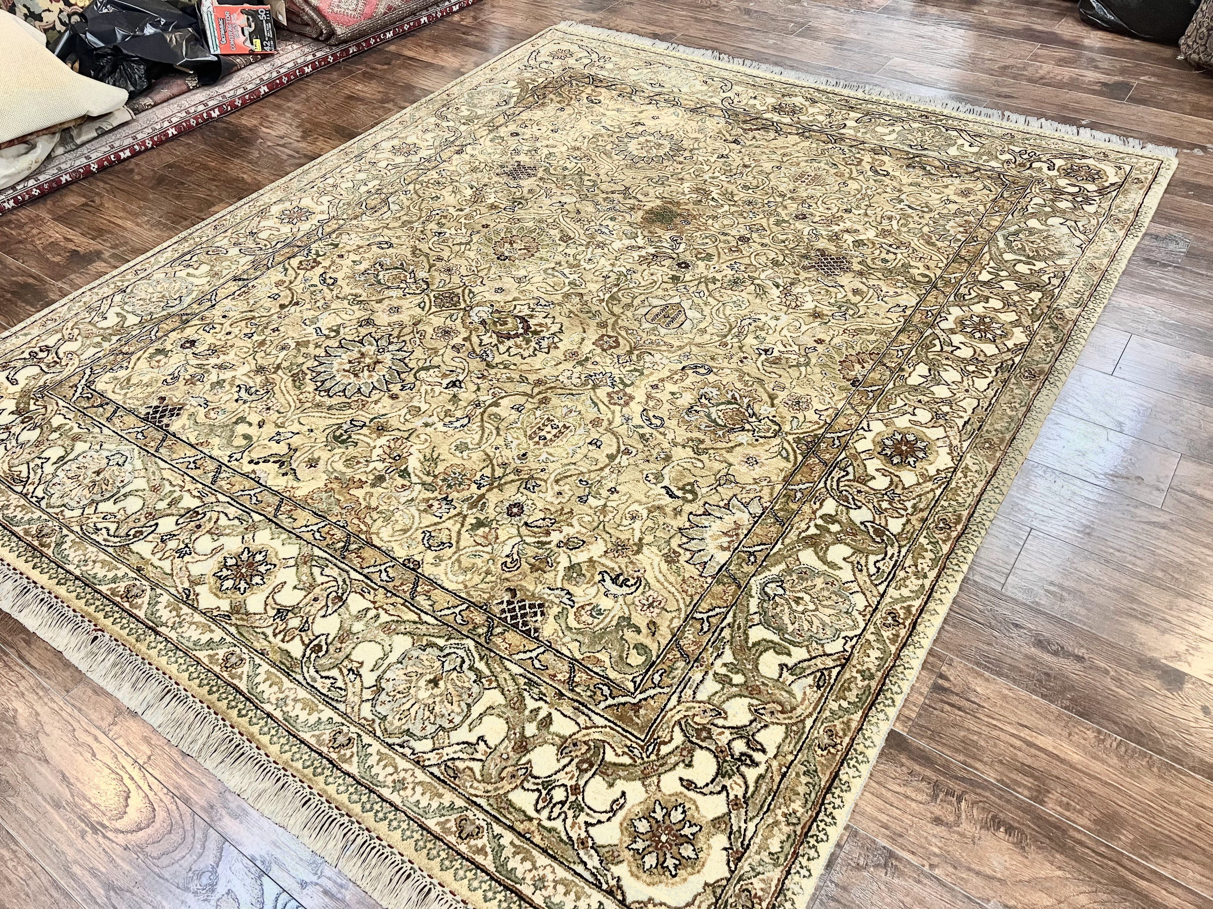 Indo Mahal Rug 8x10, Indian Jaipur Rug 8 x 10 ft, Wool Indo Persian Carpet, Handmade Traditional Floral Area Rug, Olive Green, Vintage Rug - Jewel Rugs