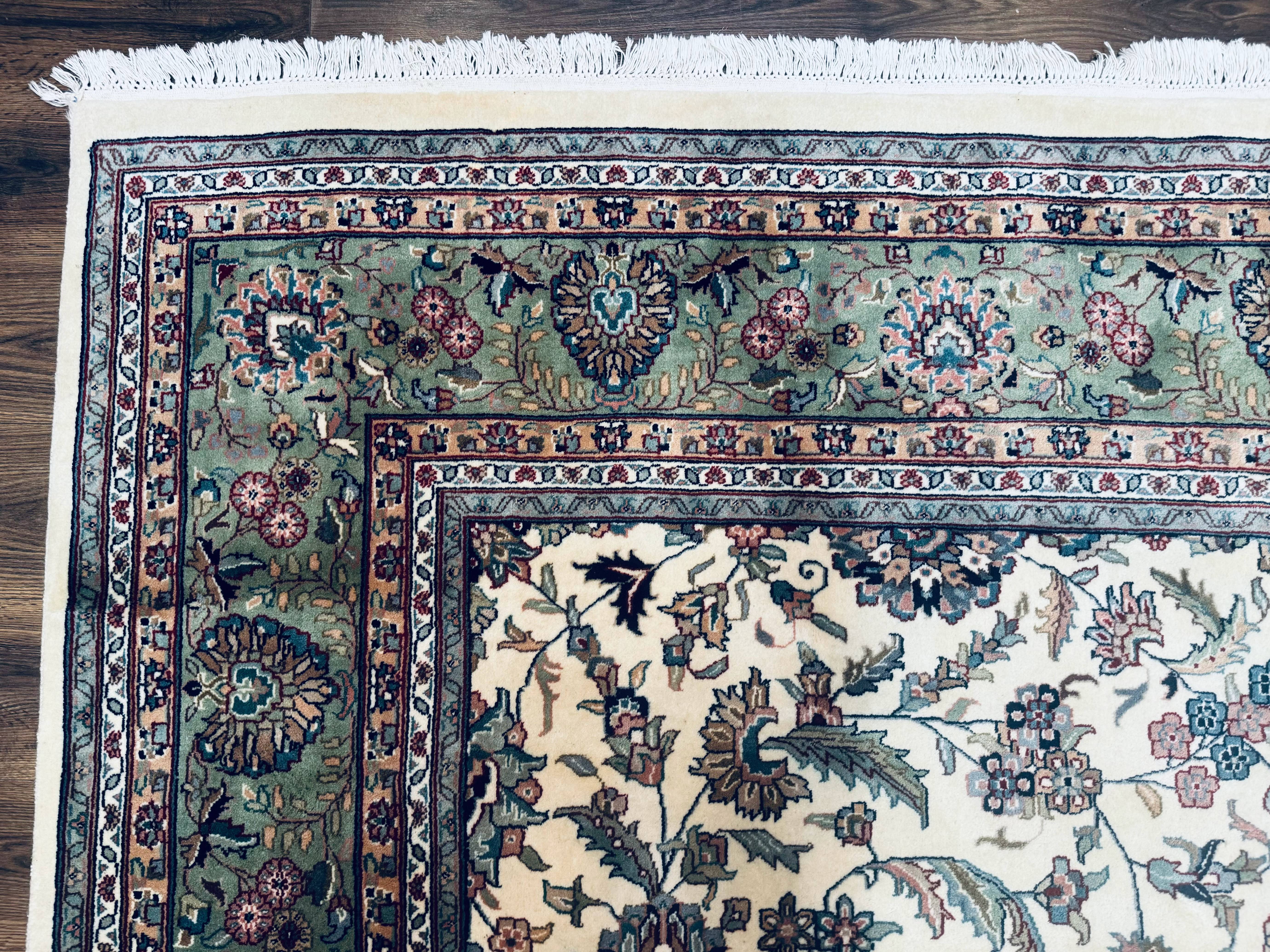 Indo Persian Rug 9x12, Allover Floral Pattern, Ivory & Green, Traditional Oriental Carpet - Jewel Rugs