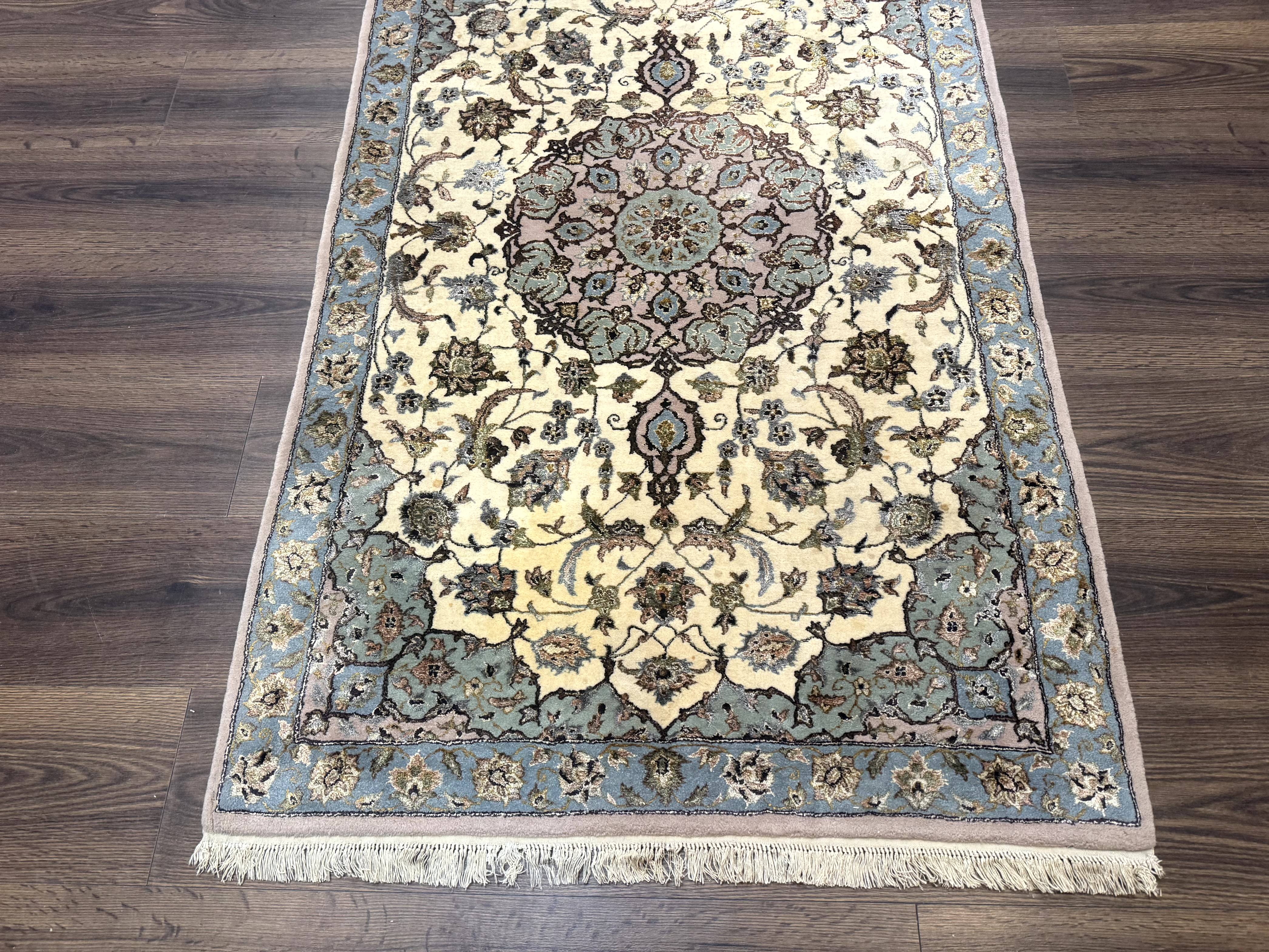Persian Isfahan Rug 3x5, Fine 310 KPSI, Kork Wool Silk Foundation, Cream & Light Green - Jewel Rugs