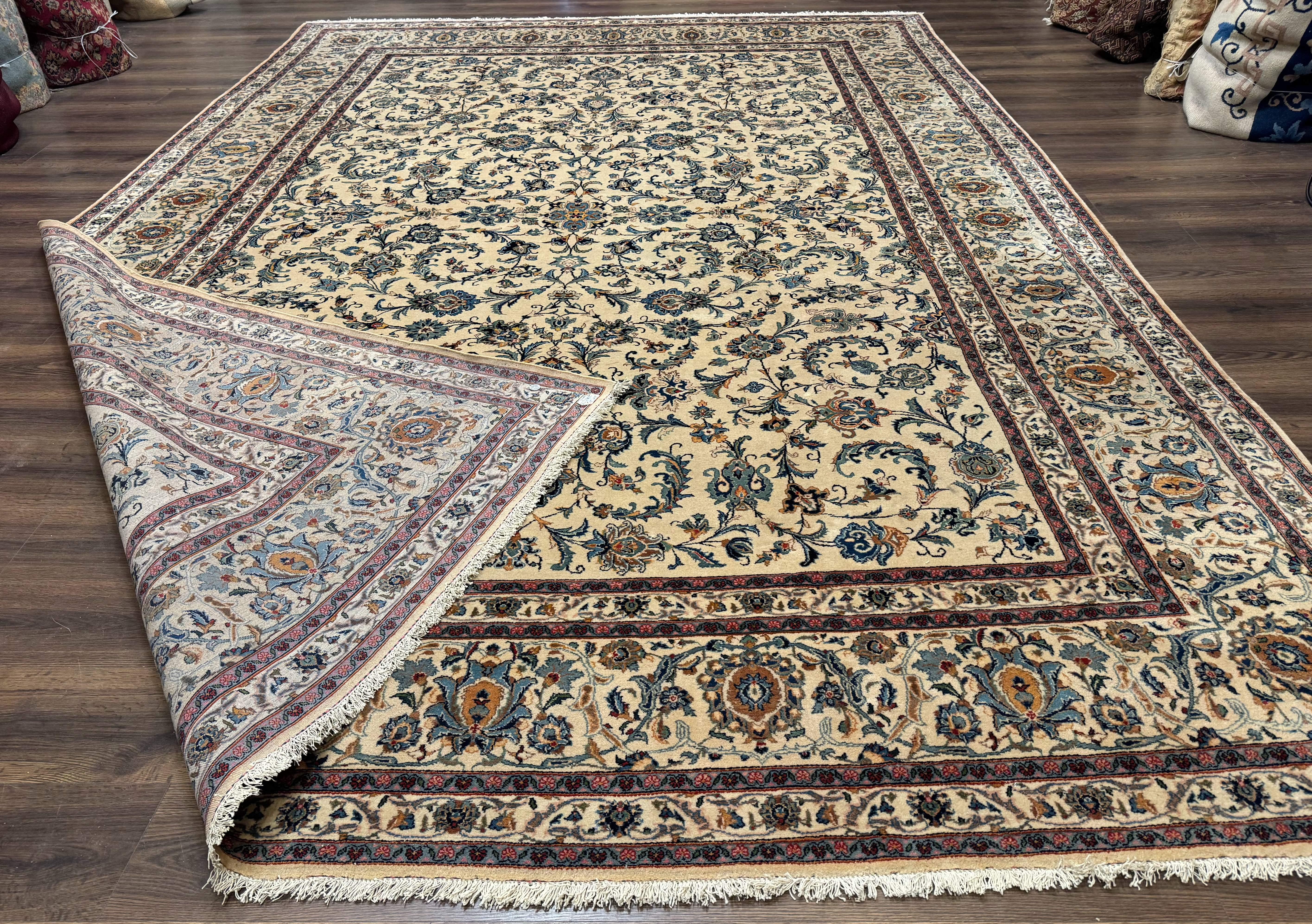 Persian Kashan Rug 10x14, Bone - Beige and Blue, Allover Pattern, Traditional Persian Carpet, Fine 260 KPSI - Jewel Rugs
