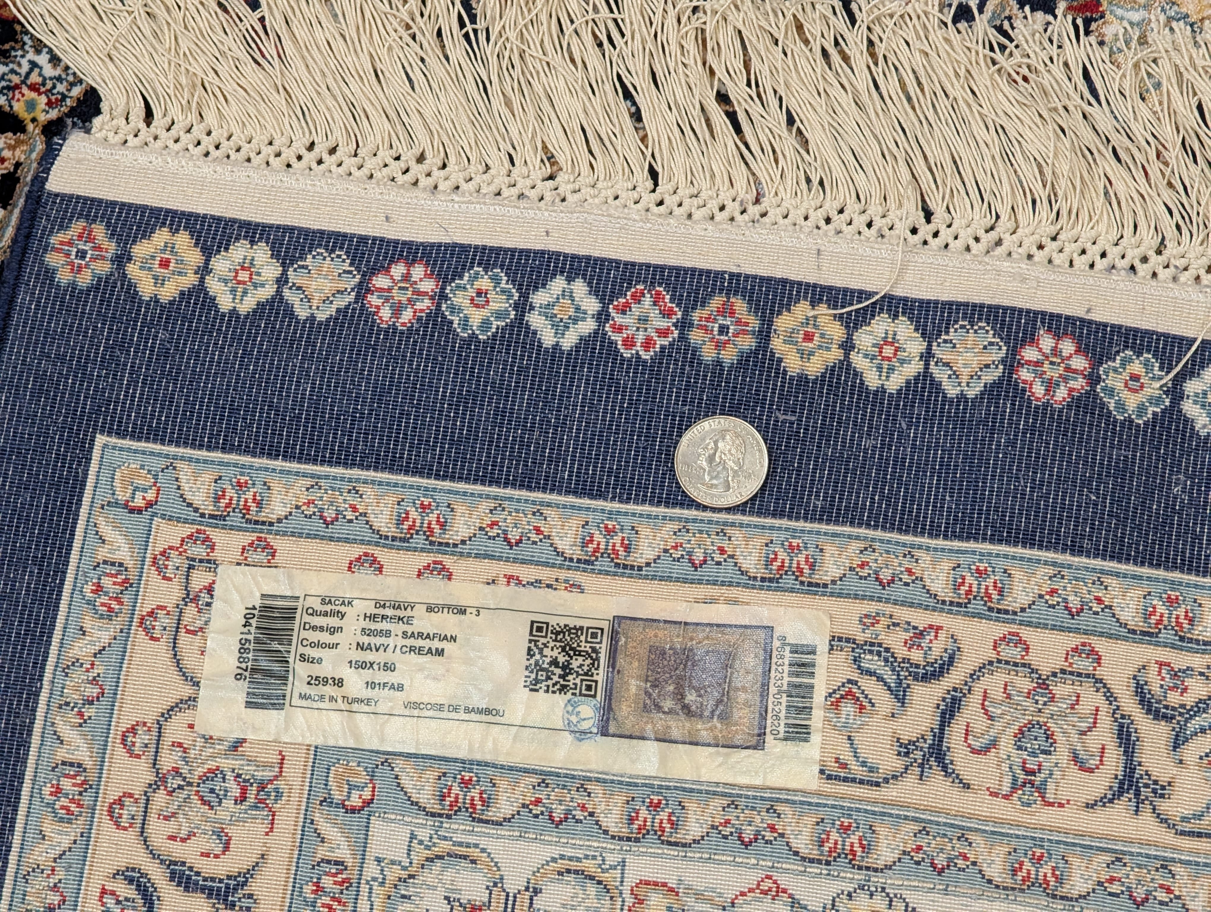 Square Turkish Silk Rug 5x5, Navy Blue and Ivory, Floral, Fine, Detailed, New, Bamboo Silk - Jewel Rugs