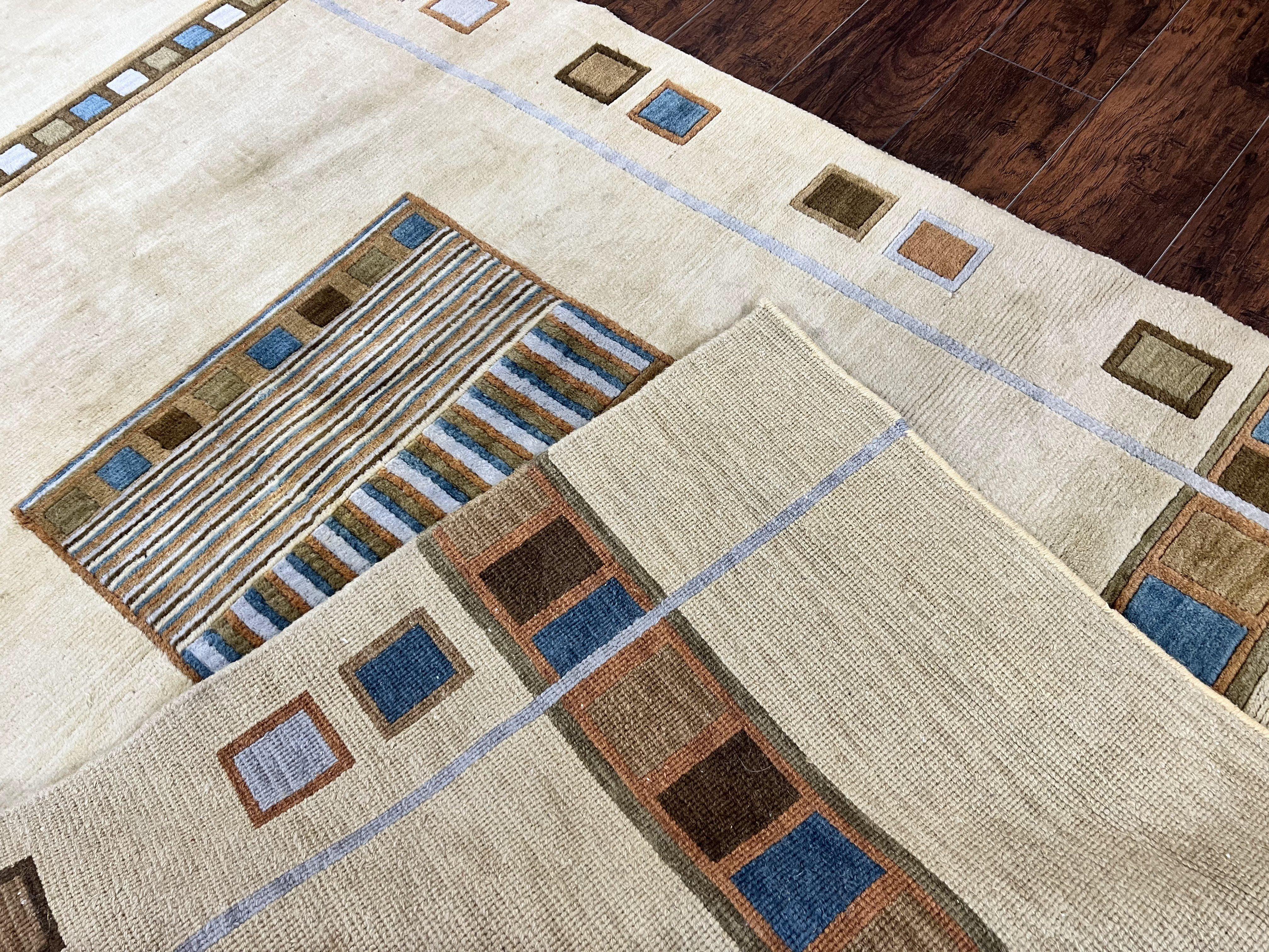 Tibetan Rug 5x8, Contemporary Rug 5 x 8 ft, Cream Brown Blue Hand-Knotted Wool w/ Silk Highlights Tibetan Carpet, Modern Rug - Jewel Rugs