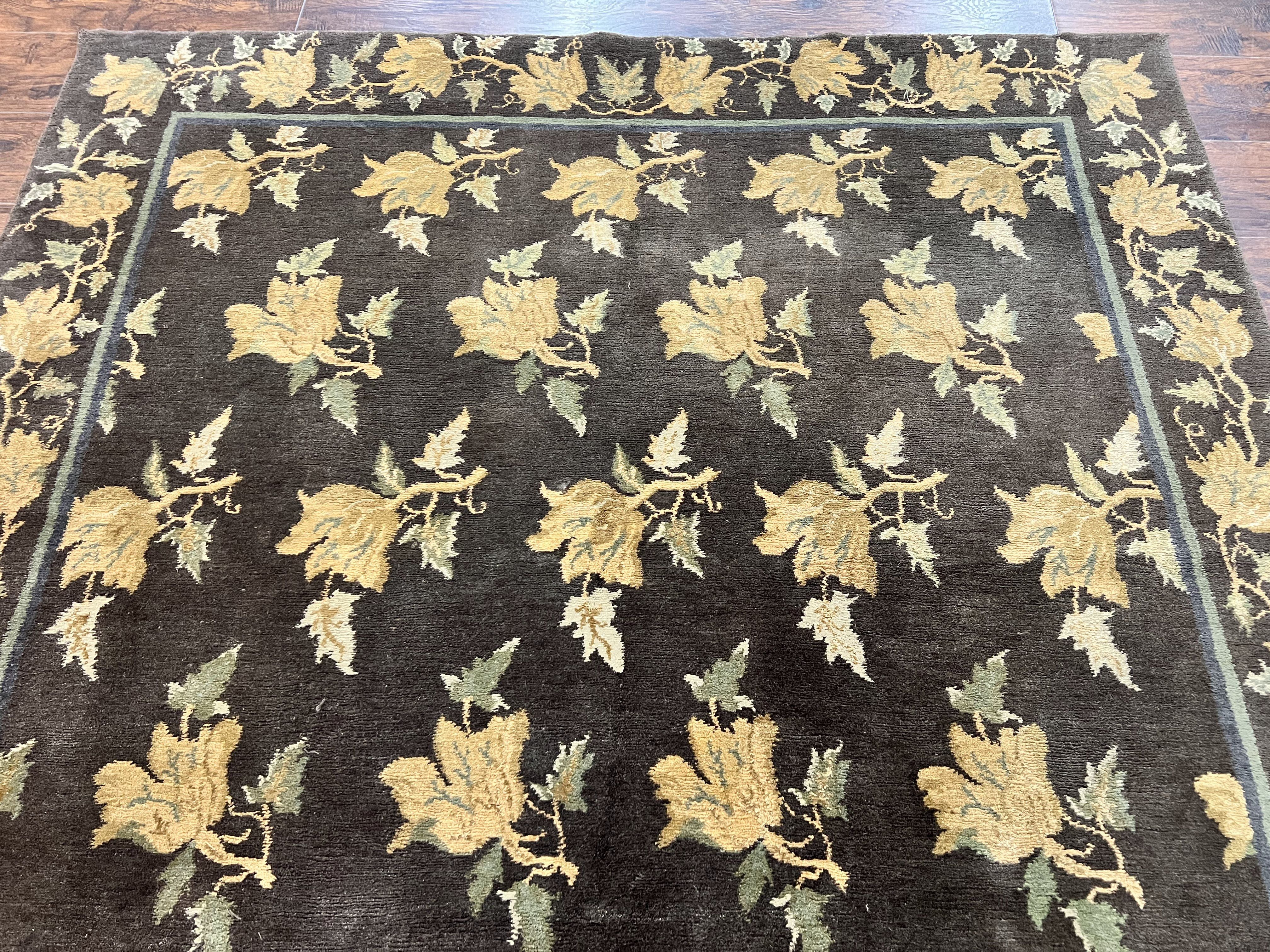 Tibetan Nepal Rug 6x9, Wool Hand Knotted Vintage Carpet 6 x 9, Dark Green & Golden Yellow, Floral Bouquets - Jewel Rugs