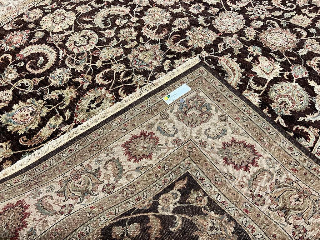 Indo Persian Rug 9x12, Vintage Indian Oriental Carpet 9 x 12 ft, Brown and Cream Hand Knotted Area Rug, Floral Allover Wool Traditional Rug - Jewel Rugs