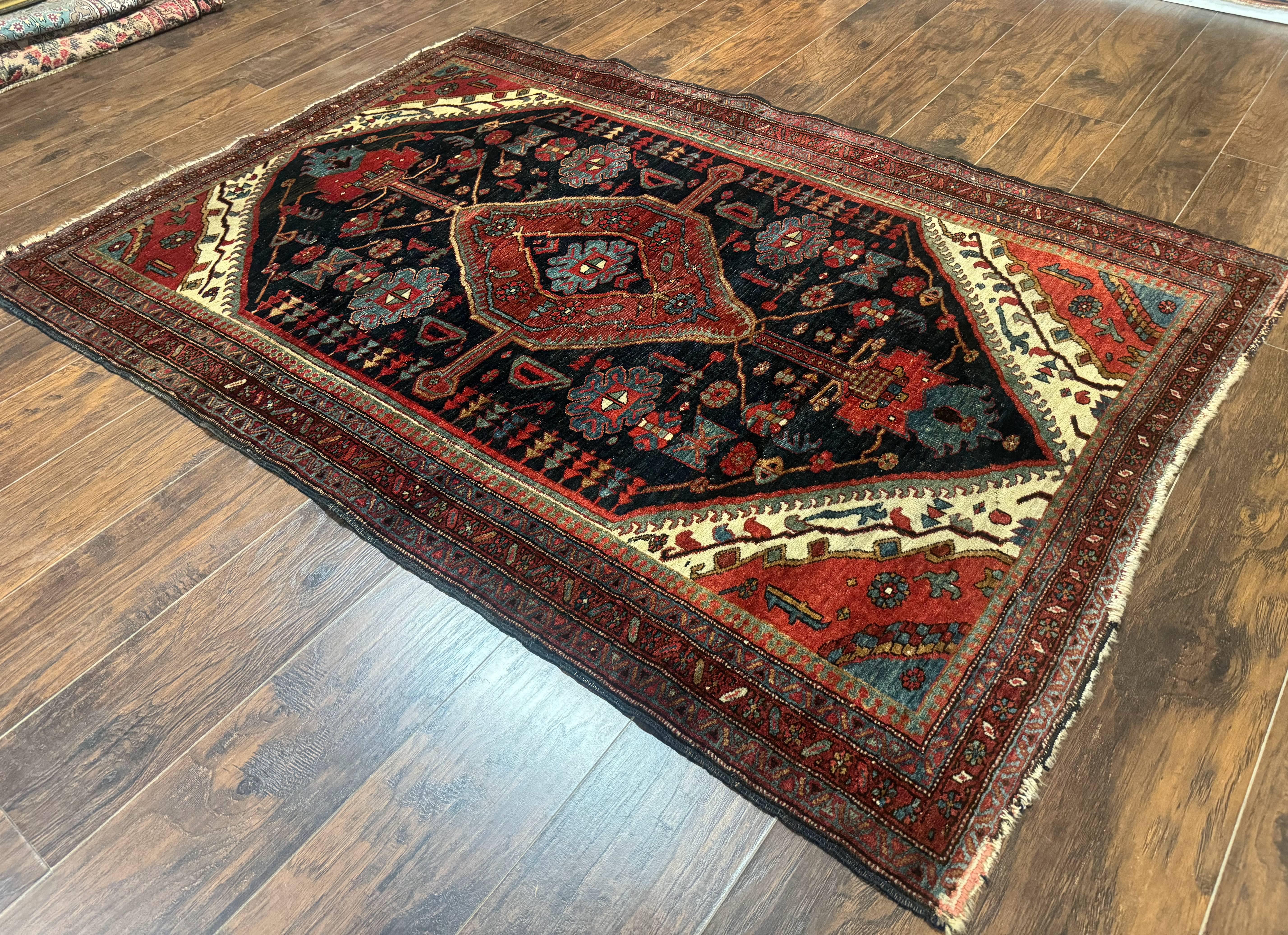 Antique Persian Bidjar Rug 5x6, Navy Blue and Red, Persian Tribal Rug - Jewel Rugs
