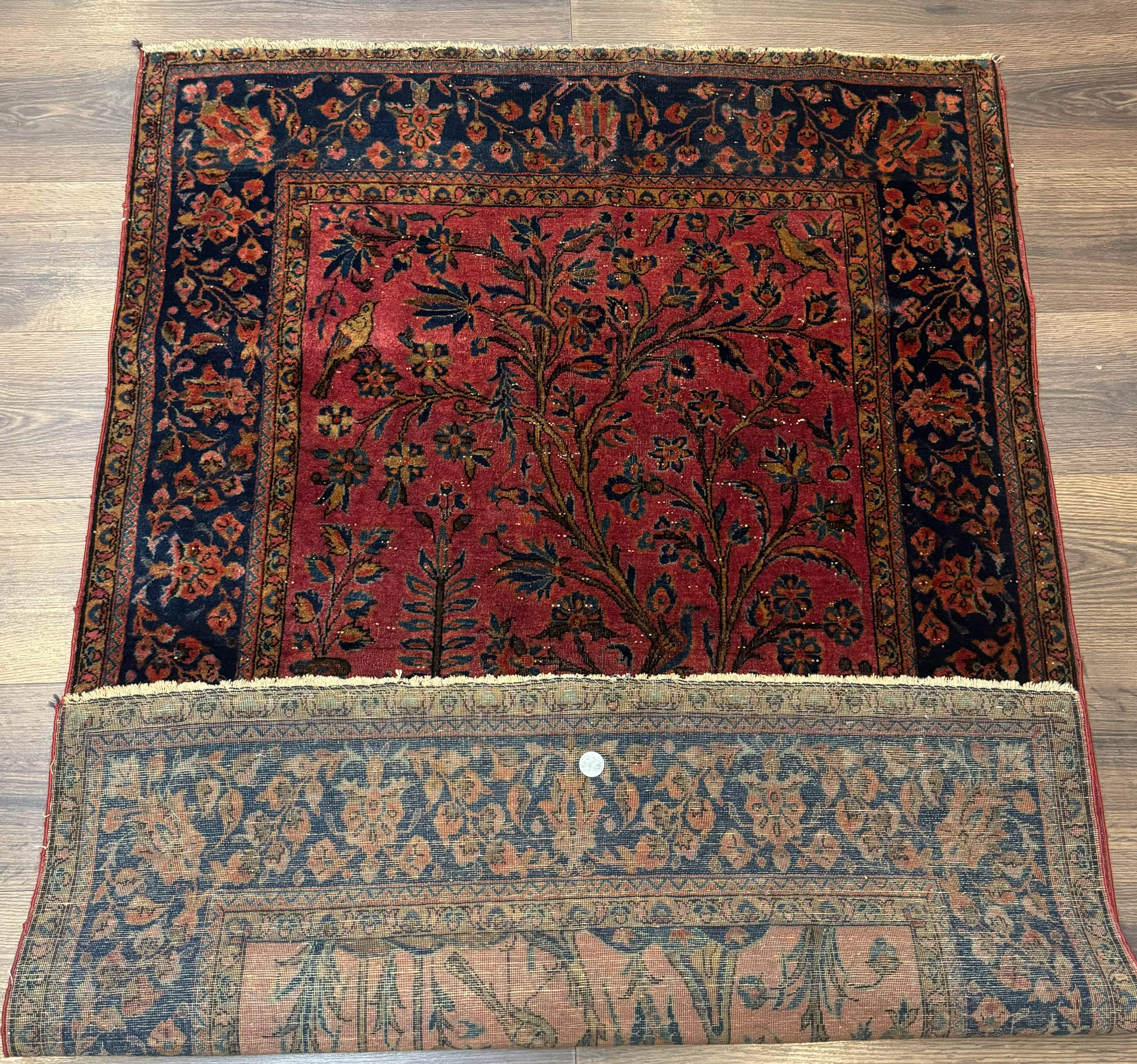 Antique Persian Tree of Life Rug 3x5, Manchester Wool, Bird Pictorials, Fine 240 KPSI, Red Navy Blue - Jewel Rugs