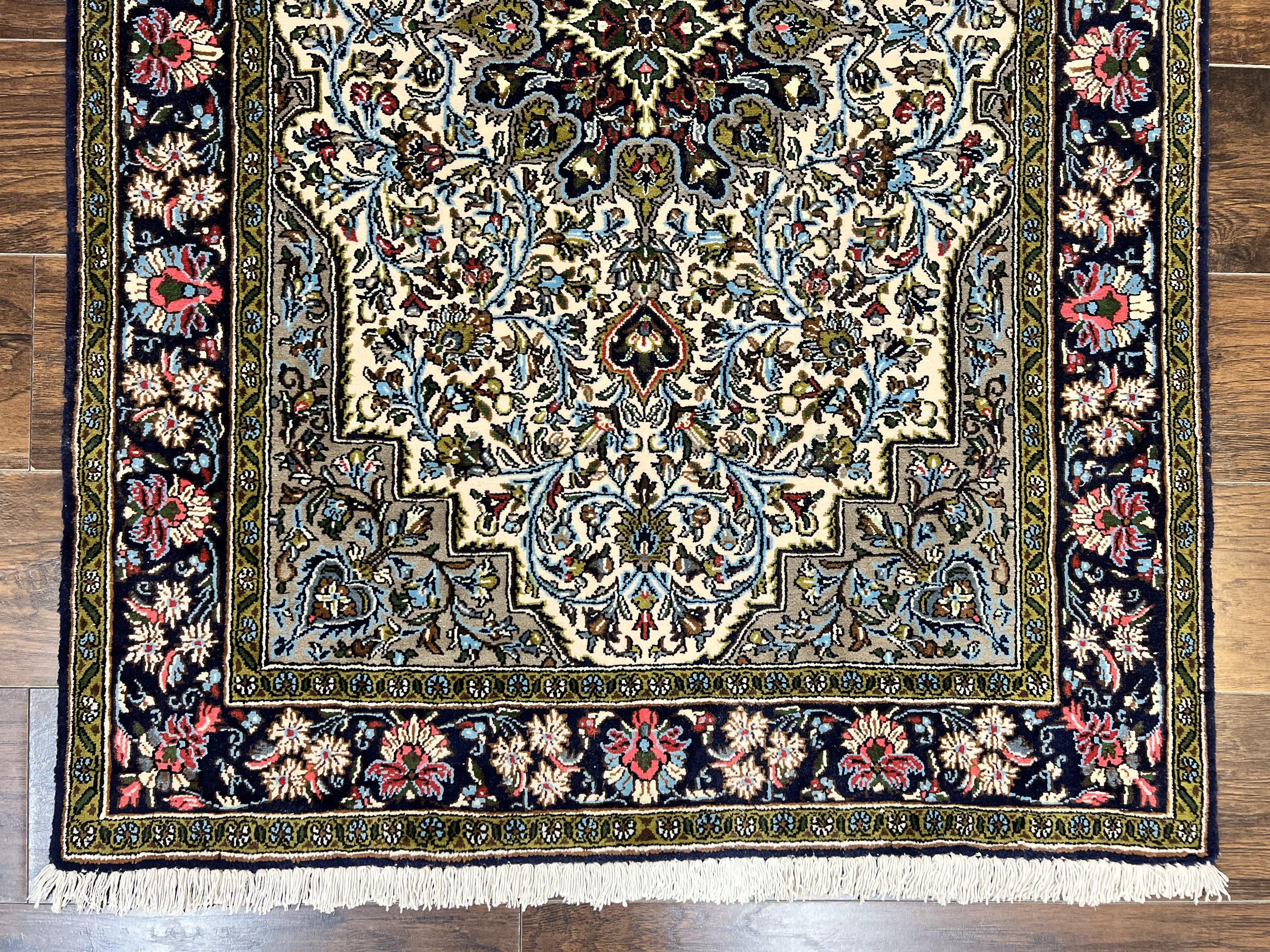 Persian Qum Rug 3x5, Wool with Silk Highlights, Handmade Semi Antique Carpet, Ivory & Navy Blue, Floral Medallion, Finely Hand Knotted - Jewel Rugs