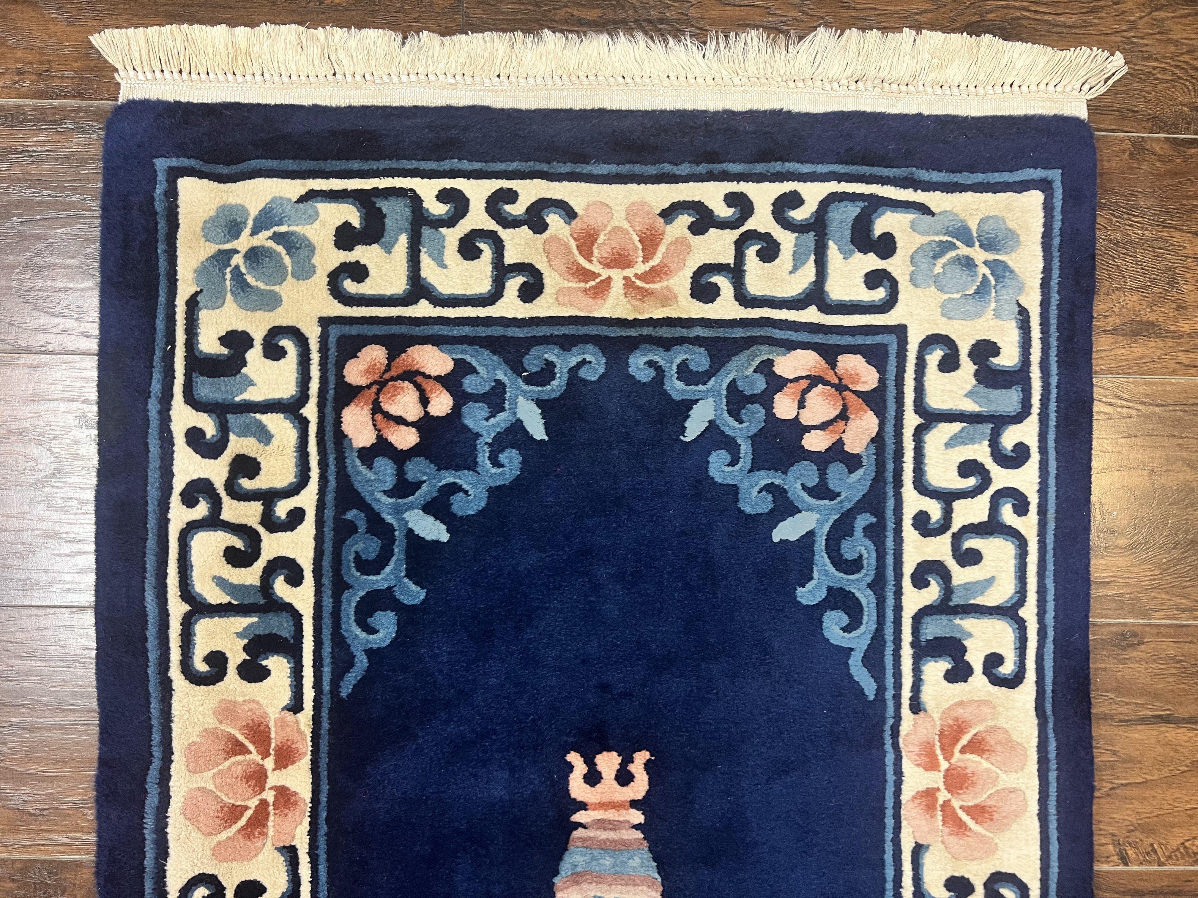 Chinese Wool Runner Rug 2.6 x 12, Blue and Beige, Handmade Vintage Wool Rug for Hallway, 12ft Runner, Asian Oriental Art Deco 90 Line Rug - Jewel Rugs