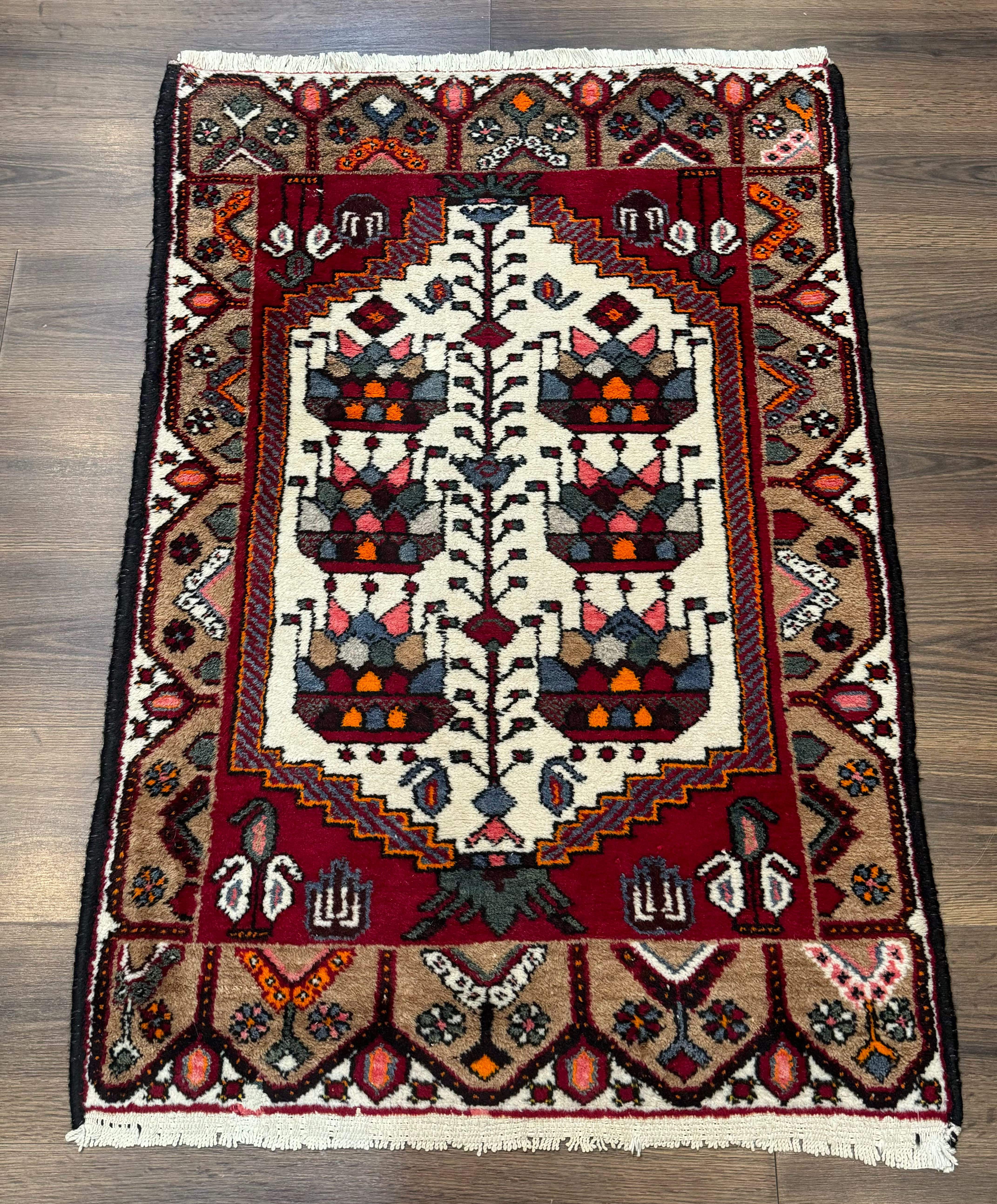 Small Persian Rug 3x4 – Ivory and Red Hand-Knotted Wool Vintage Malayer Hamadan Rug - Jewel Rugs