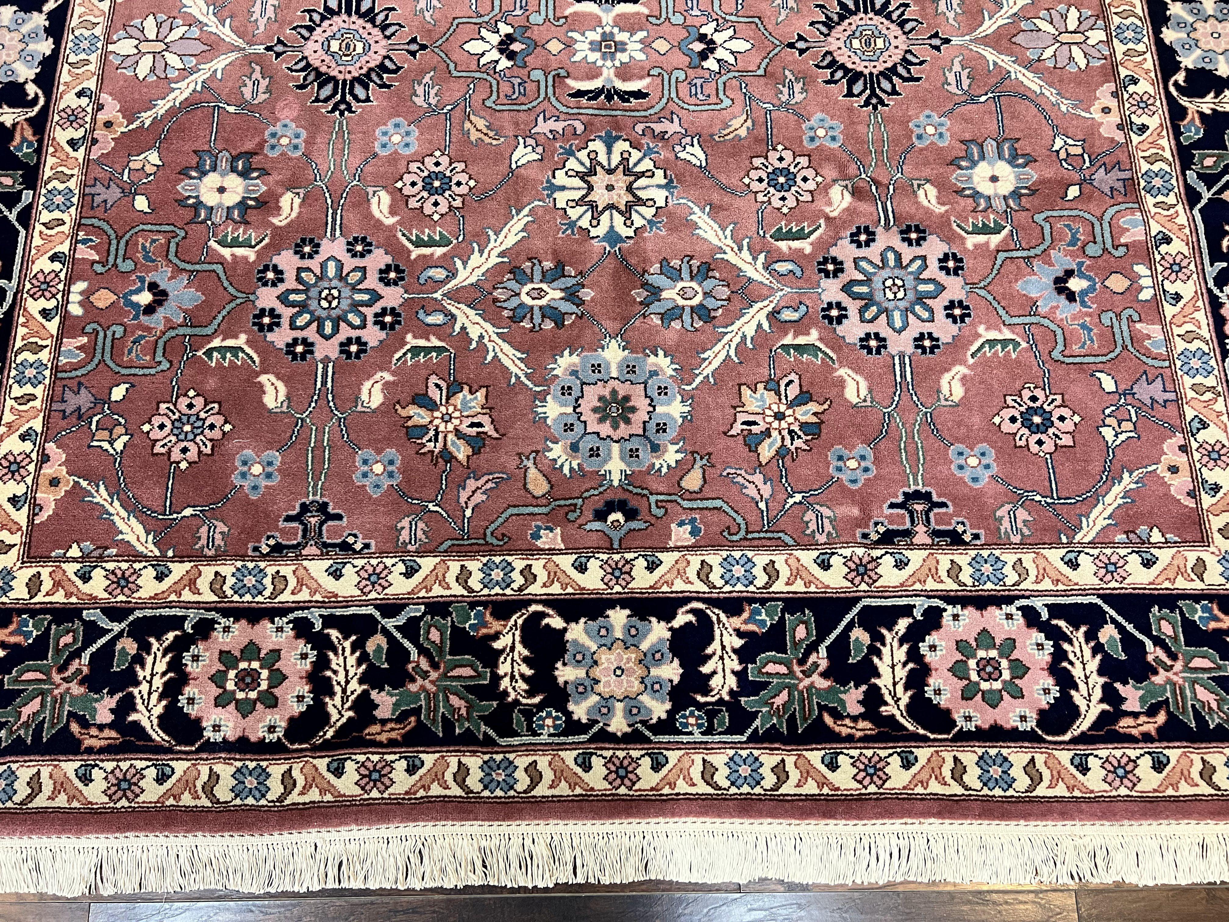 Indo Persian Square Rug 8x8 ft, Pink and Navy Blue, Allover Pattern, Handmade Vintage Wool Carpet - Jewel Rugs