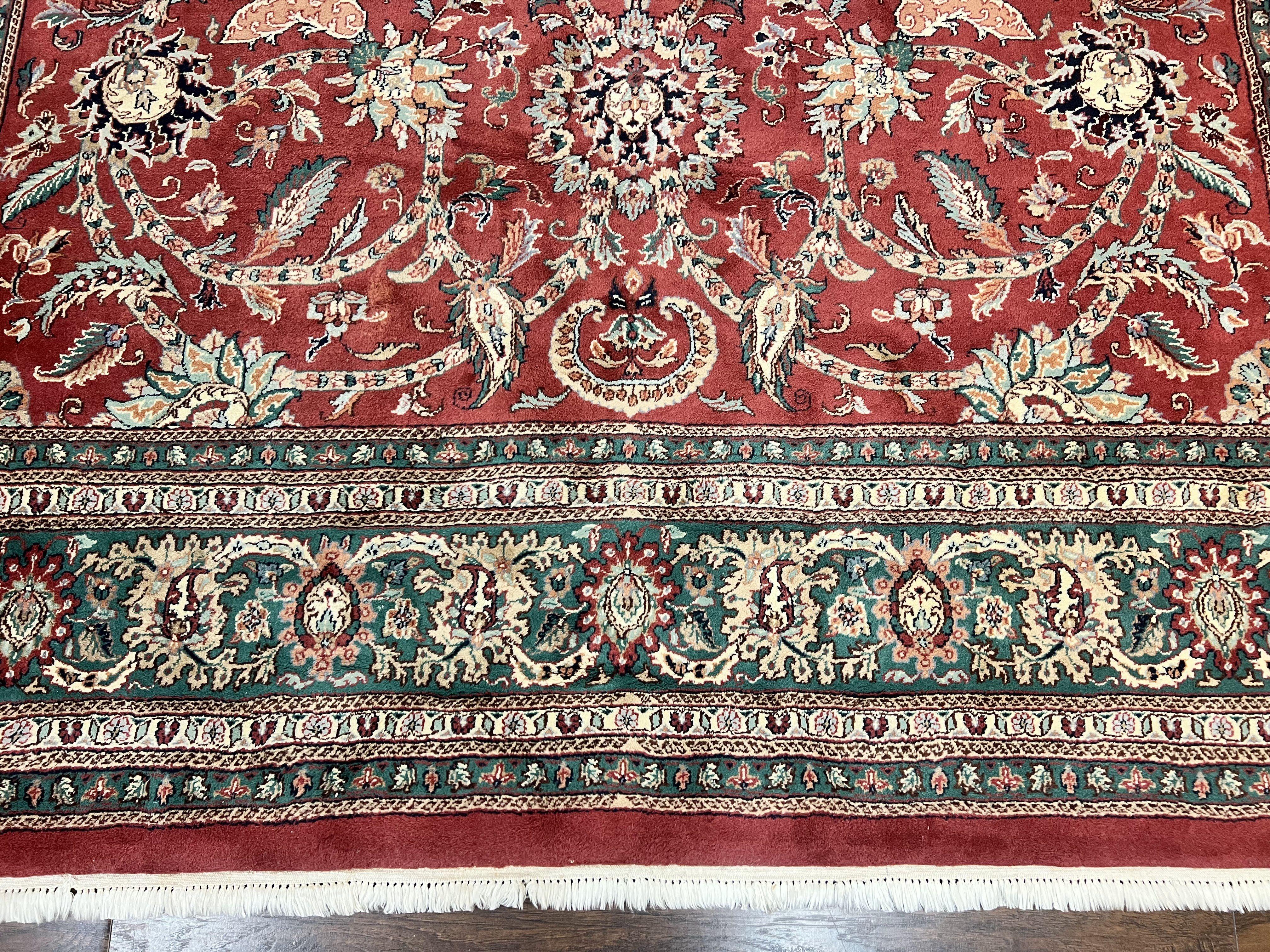 Indo Persian Rug 9x12, Wool Hand Knotted Vintage Carpet, Red & Green, Floral Allover 9 x 12 Room Sized Oriental Rug - Jewel Rugs