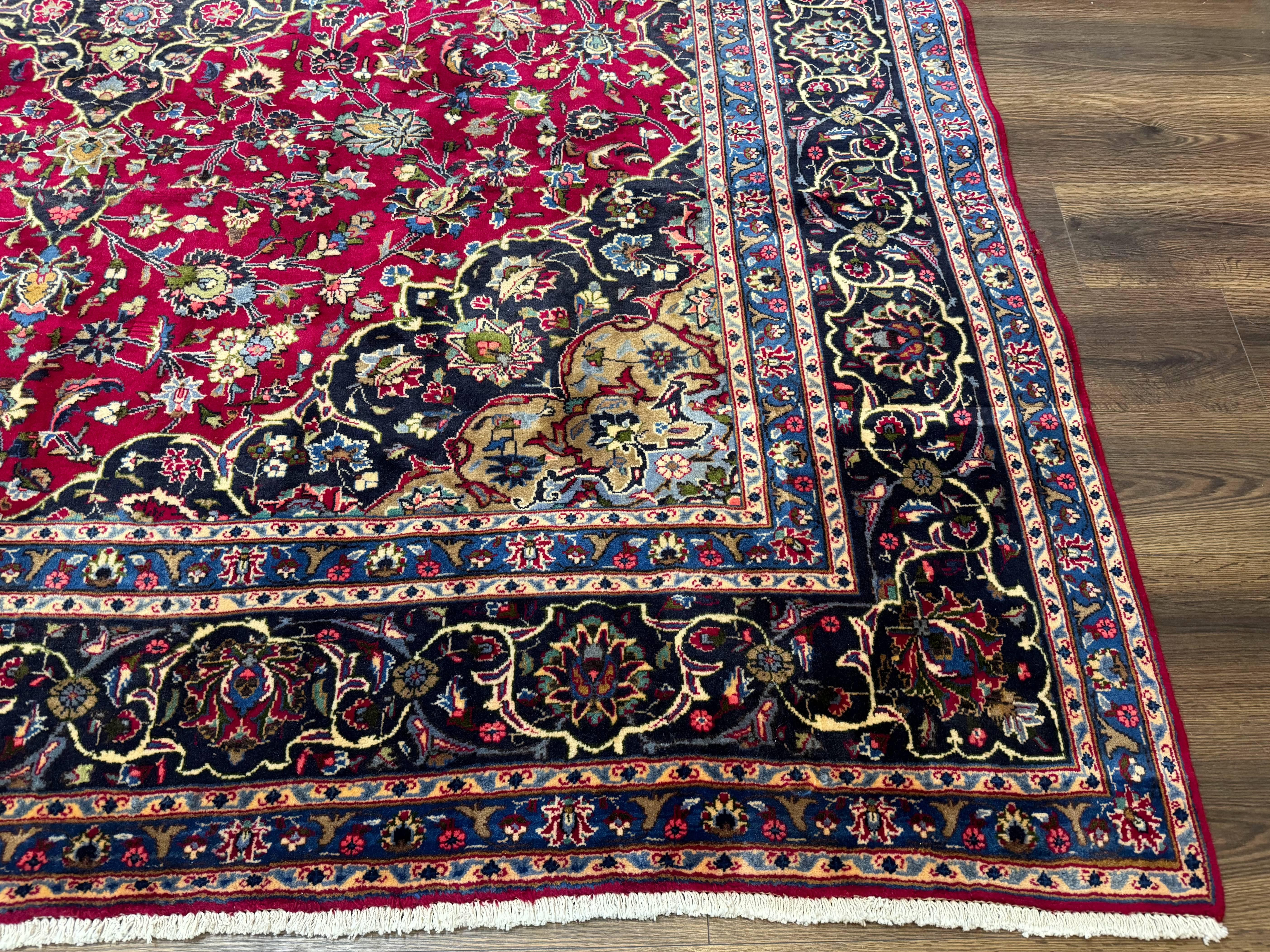 Traditional Persian Rug 8x11, Red Navy Blue, Floral Medallion, Antique Persian Mashad Carpet, Wool - Jewel Rugs