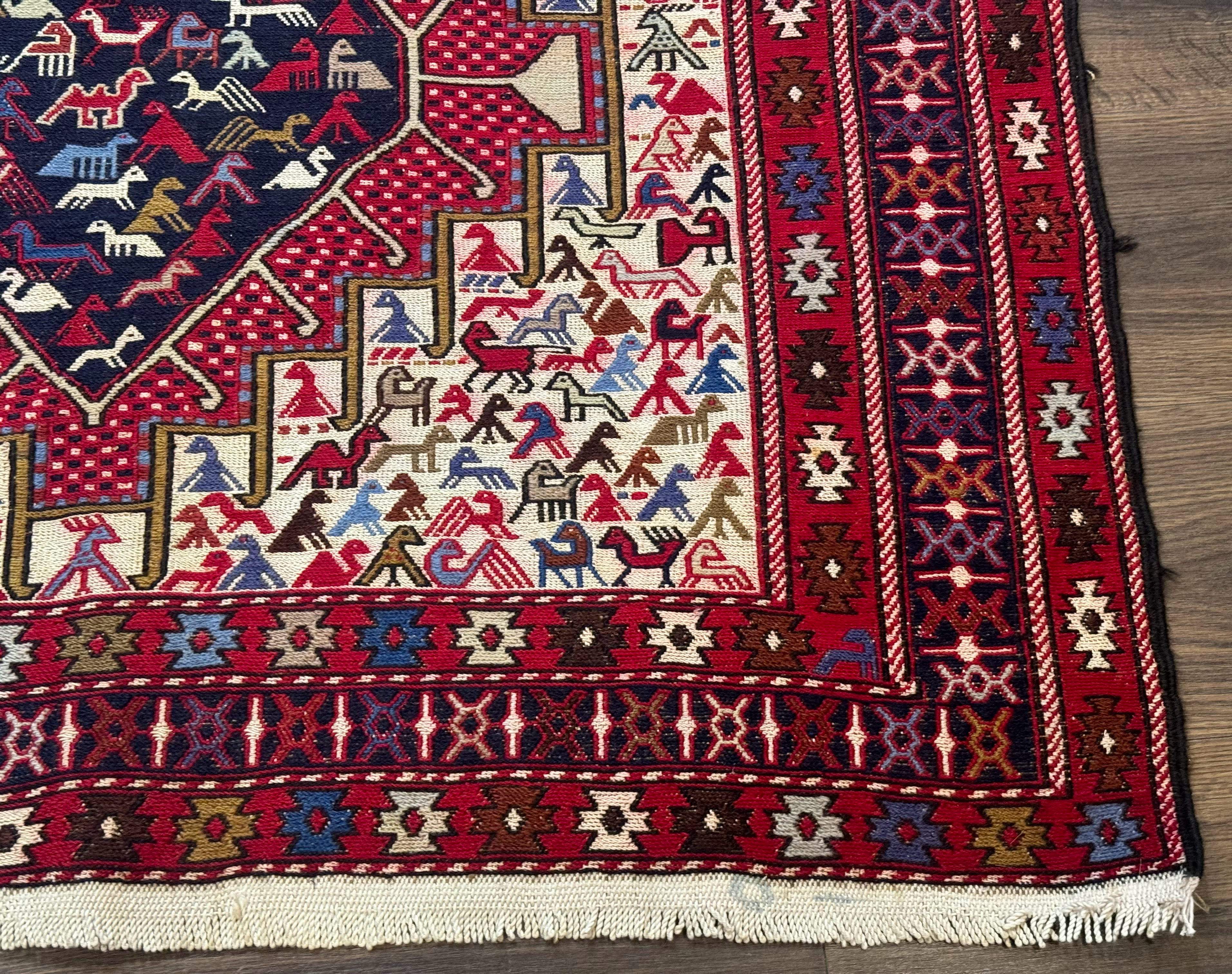 Persian Soumak Kilim Rug 4x6, Triple Medallions Tribal Pictorials, Caucasian Azerbaijani Kilim - Jewel Rugs