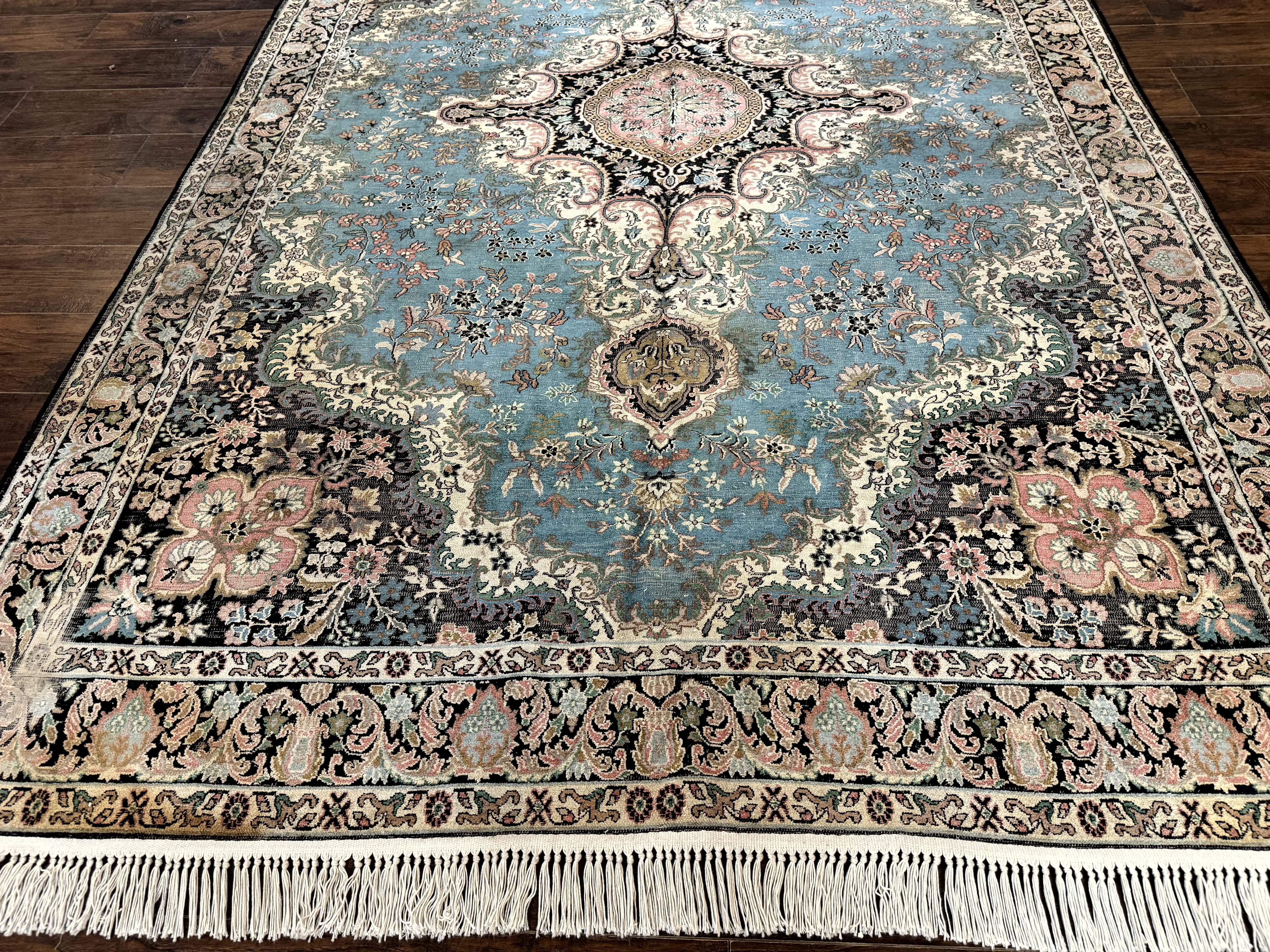Silk Indian Kashmiri Rug 7x10 – Light Blue, Handmade Vintage Carpet, Low Pile - Jewel Rugs