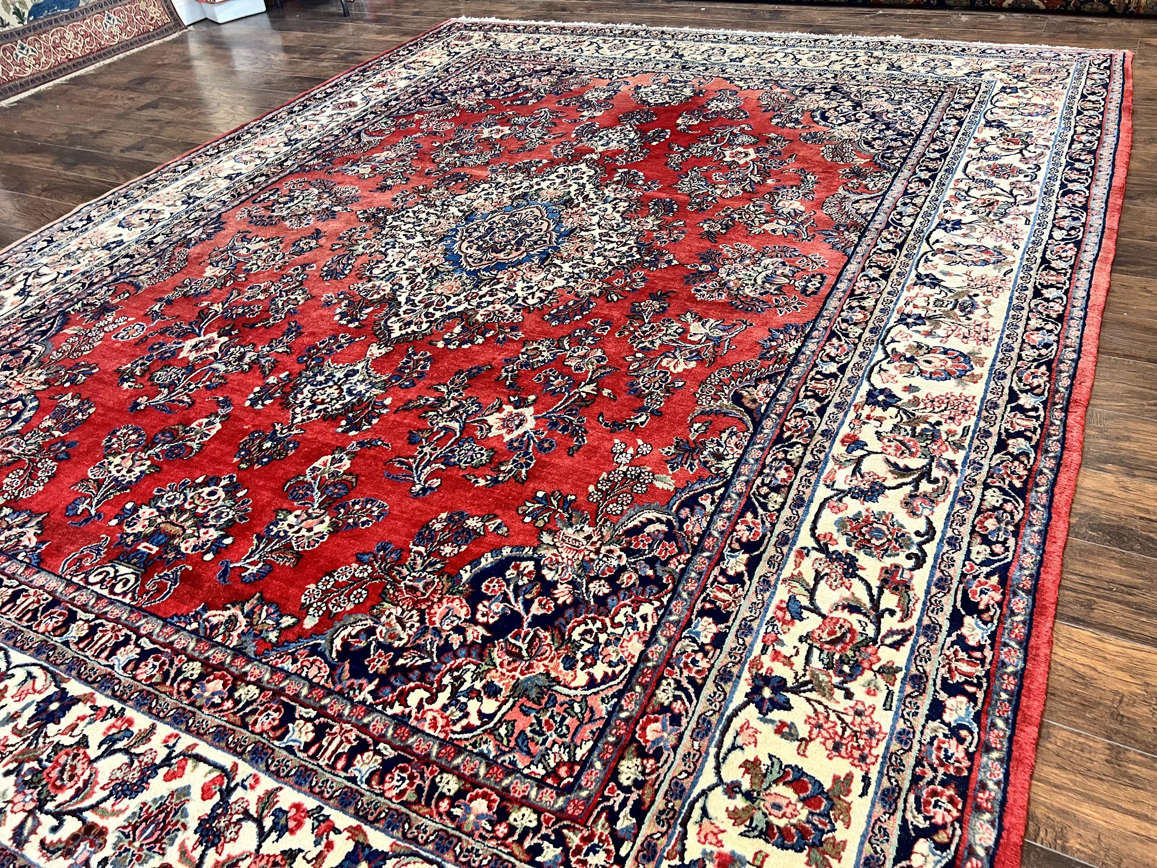 Persian Sarouk Rug 11x13, Wool Hand Knotted Antique Carpet, Red Ivory Traditional Handmade Large Oriental Area Rug 11 x 13, Floral Medallion - Jewel Rugs