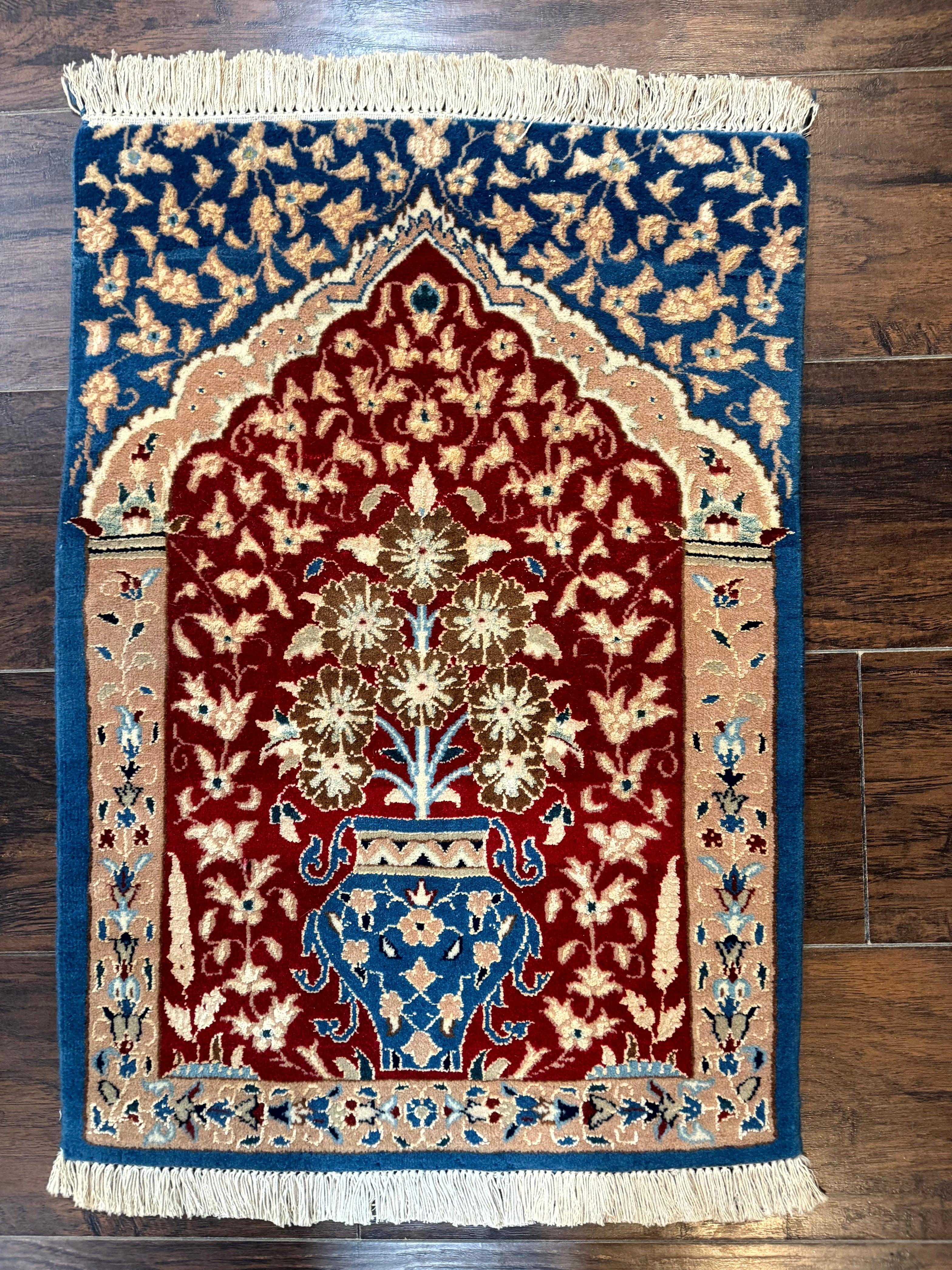 Small Persian Nain Rug, Persian Vase Tree of Life Design, Red and Blue, Very Fine 260 KPSI, Wool and Silk Highlights - Jewel Rugs