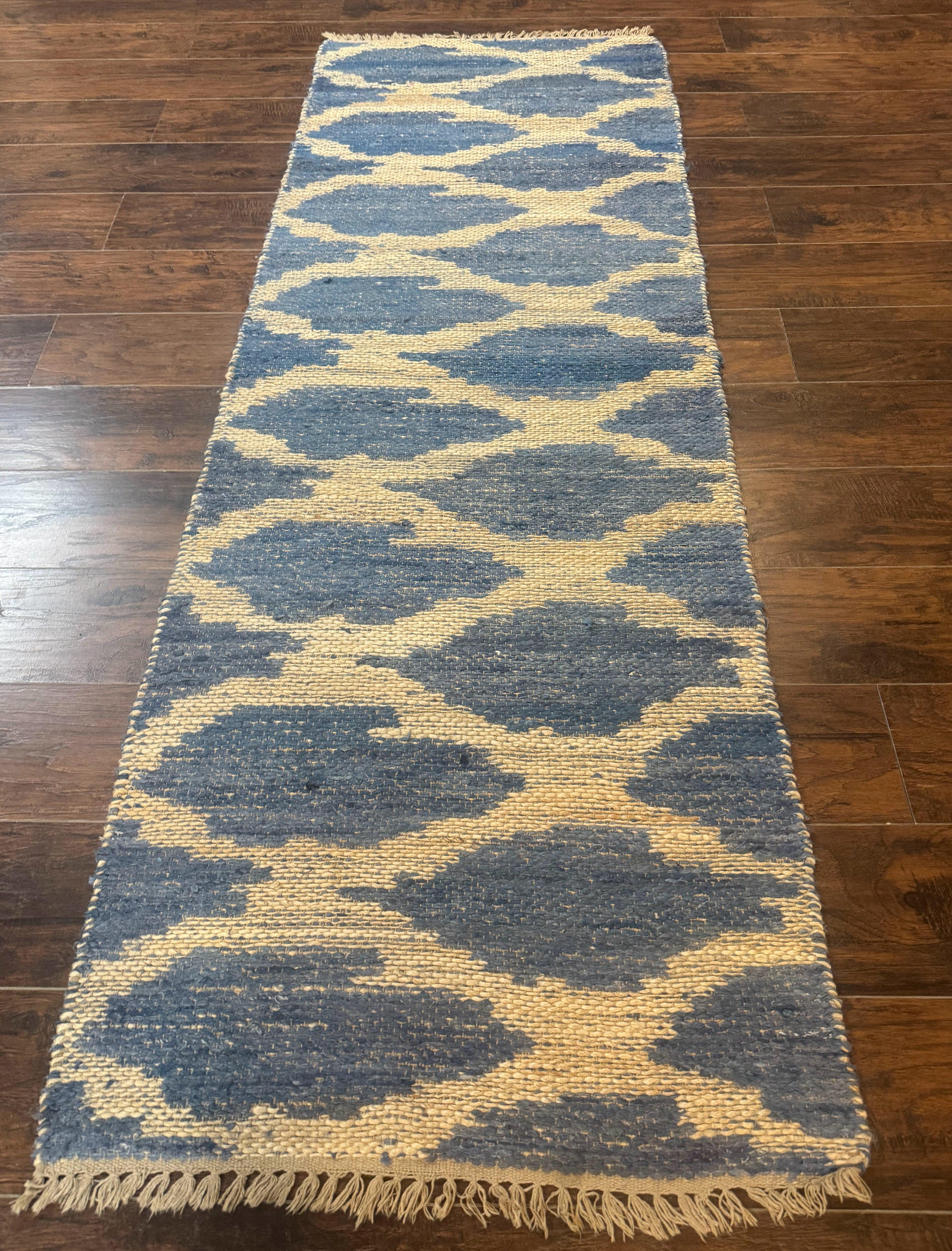 Modern Jute Runner Rug 2.9 x 7.9, Beige and Blue, Handwoven, Kaleen Rug - Jewel Rugs