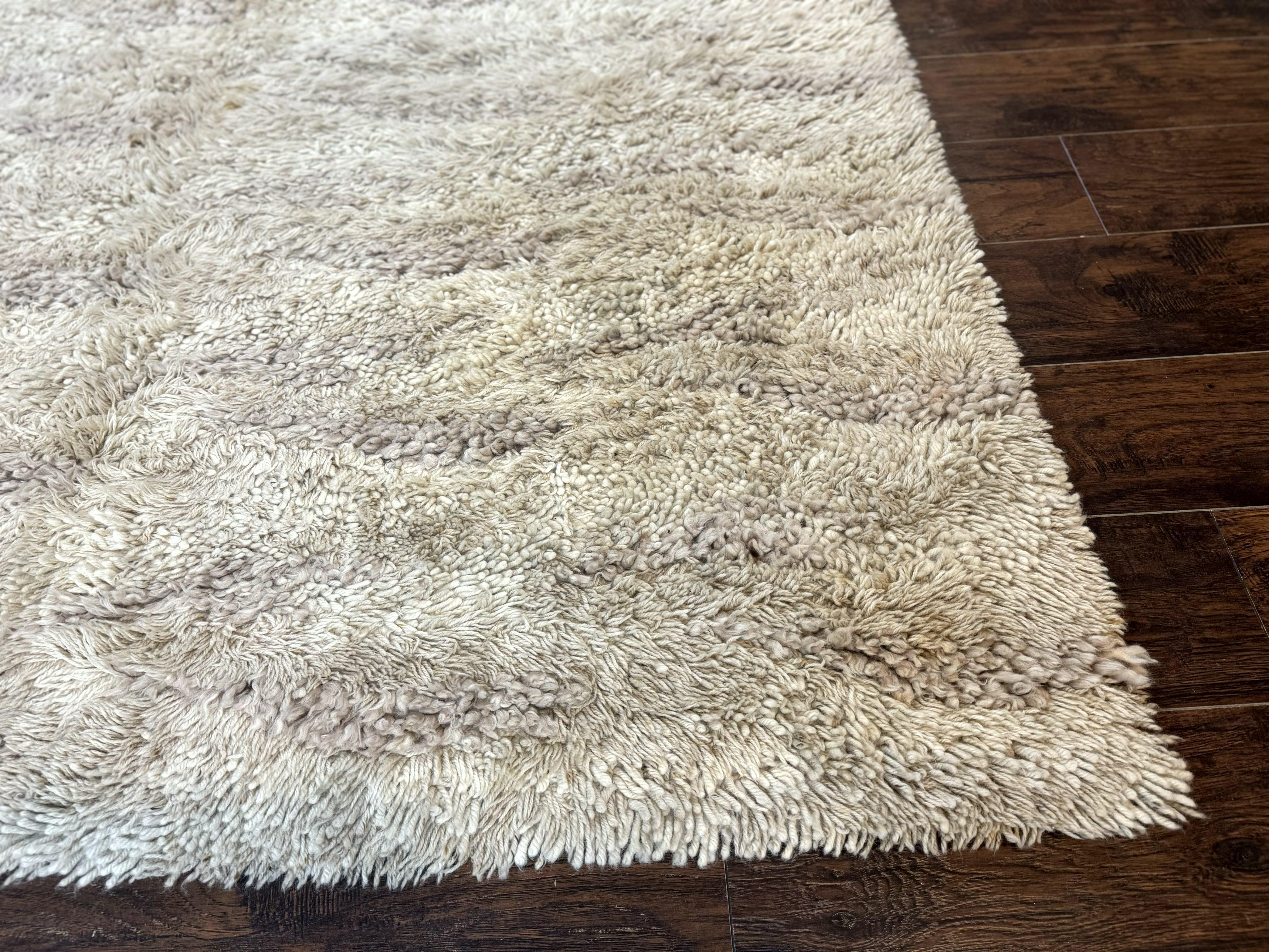 European Rya Shag Rug 6.6 x 9.7, Beige, Fluffy Vintage Area Rug - Jewel Rugs