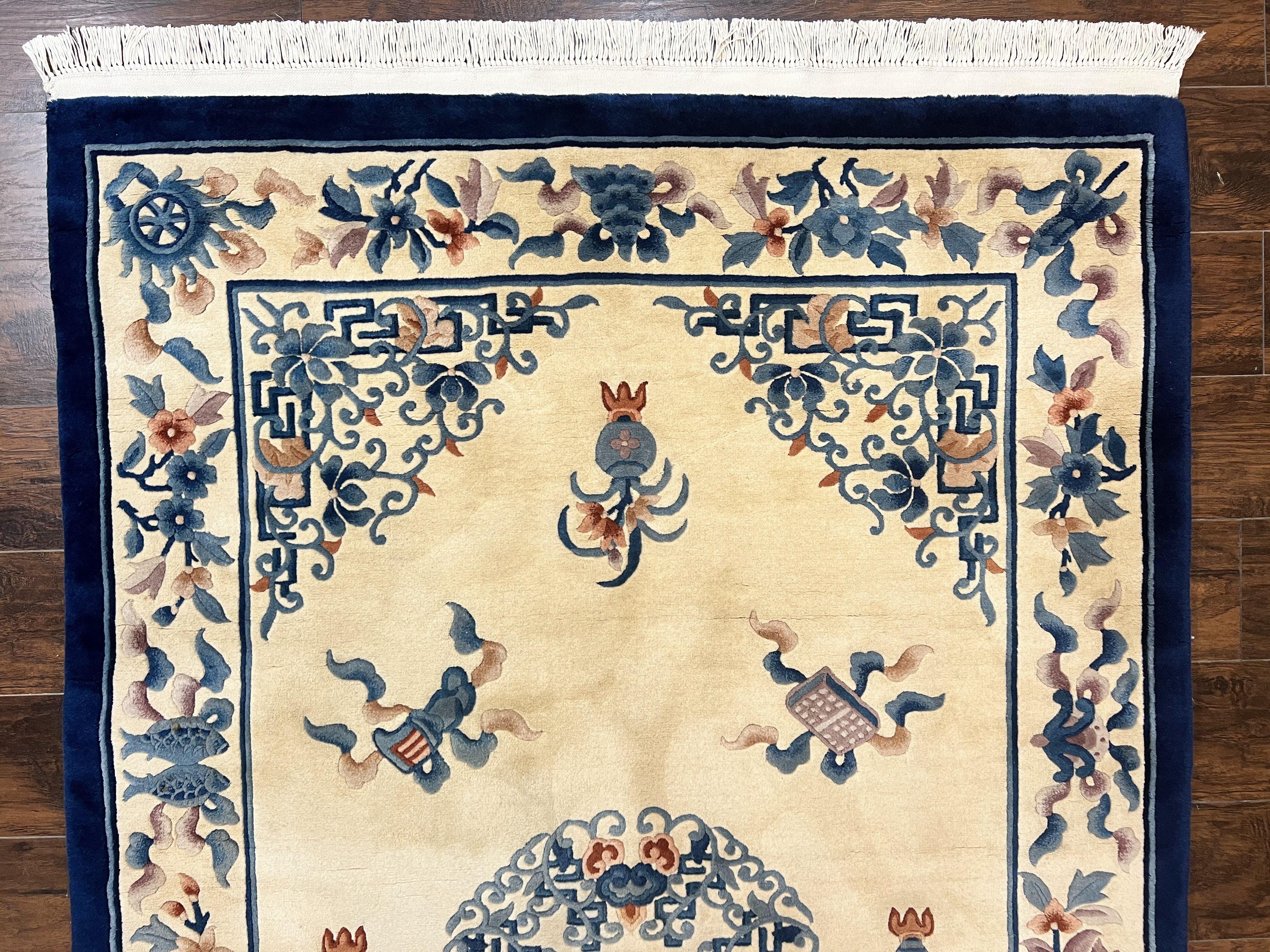 Chinese Wool Rug 5x8, Vintage Art Deco Chinese Carving Sculpture Carpet, Cream and Blue, Handmade Asian Oriental 90 Line Rug - Jewel Rugs