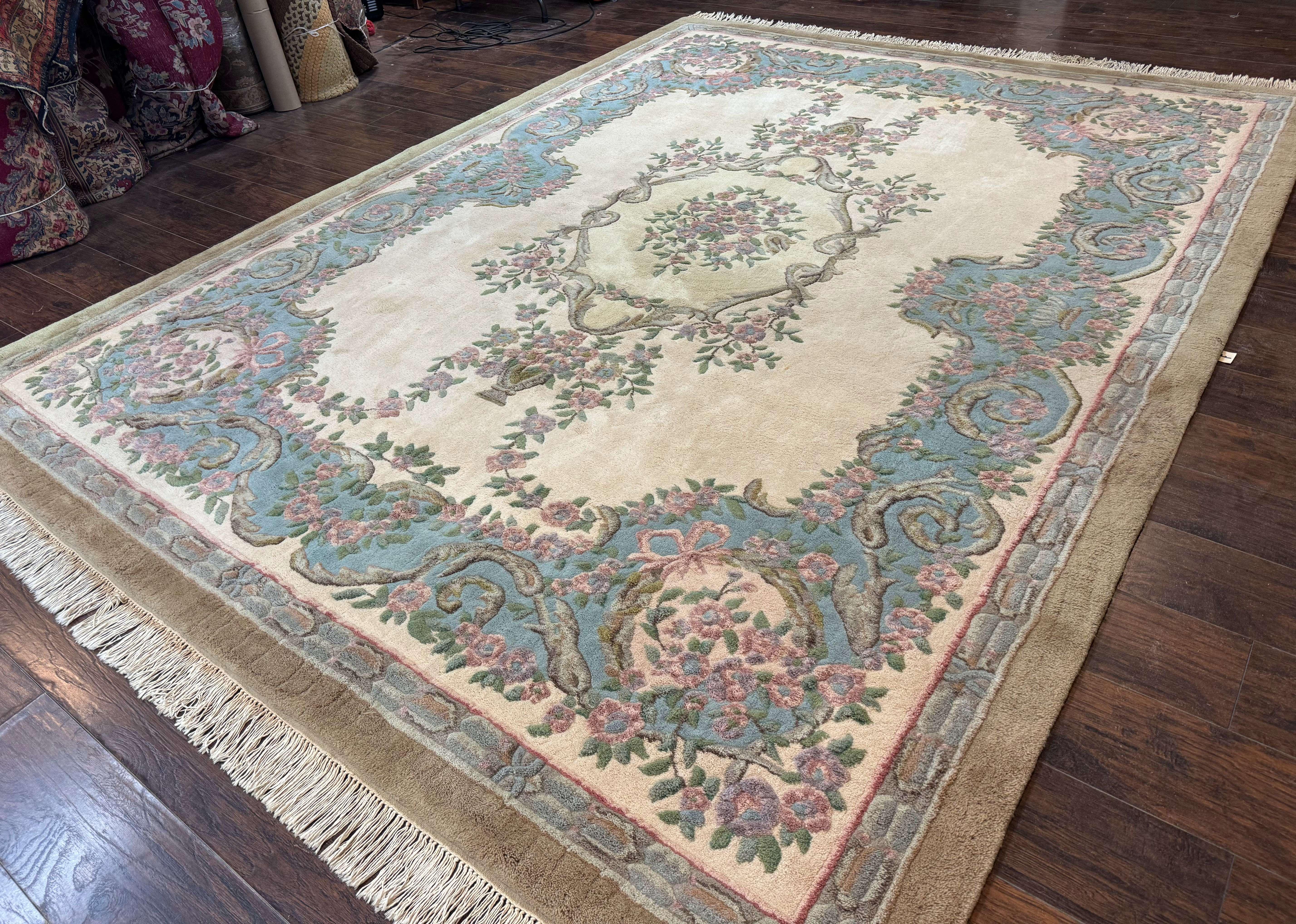 Indo Chinese Aubusson Rug 9x12, Beige and Light Blue, European Design, Wool Area Rug - Jewel Rugs
