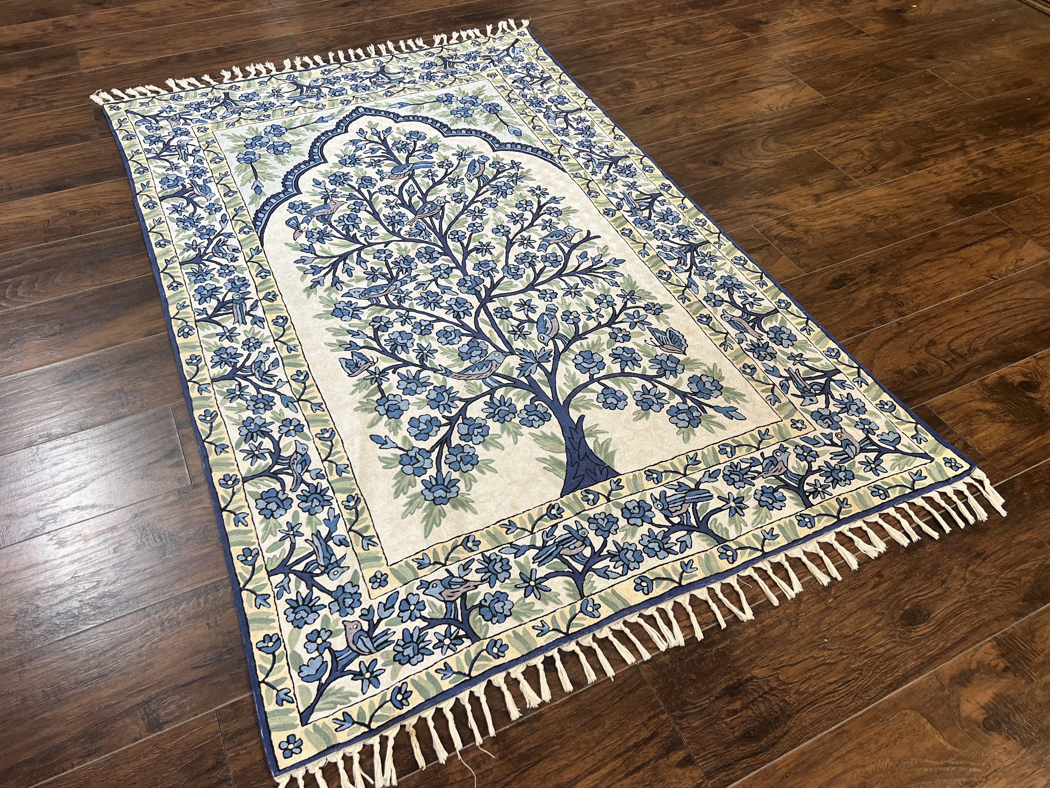 Tree of Life Indian Hand Stitched Rug 4x6, Indian Wall Hanging Rug, Ivory Blue, Silk on Cotton, Vintage - Jewel Rugs