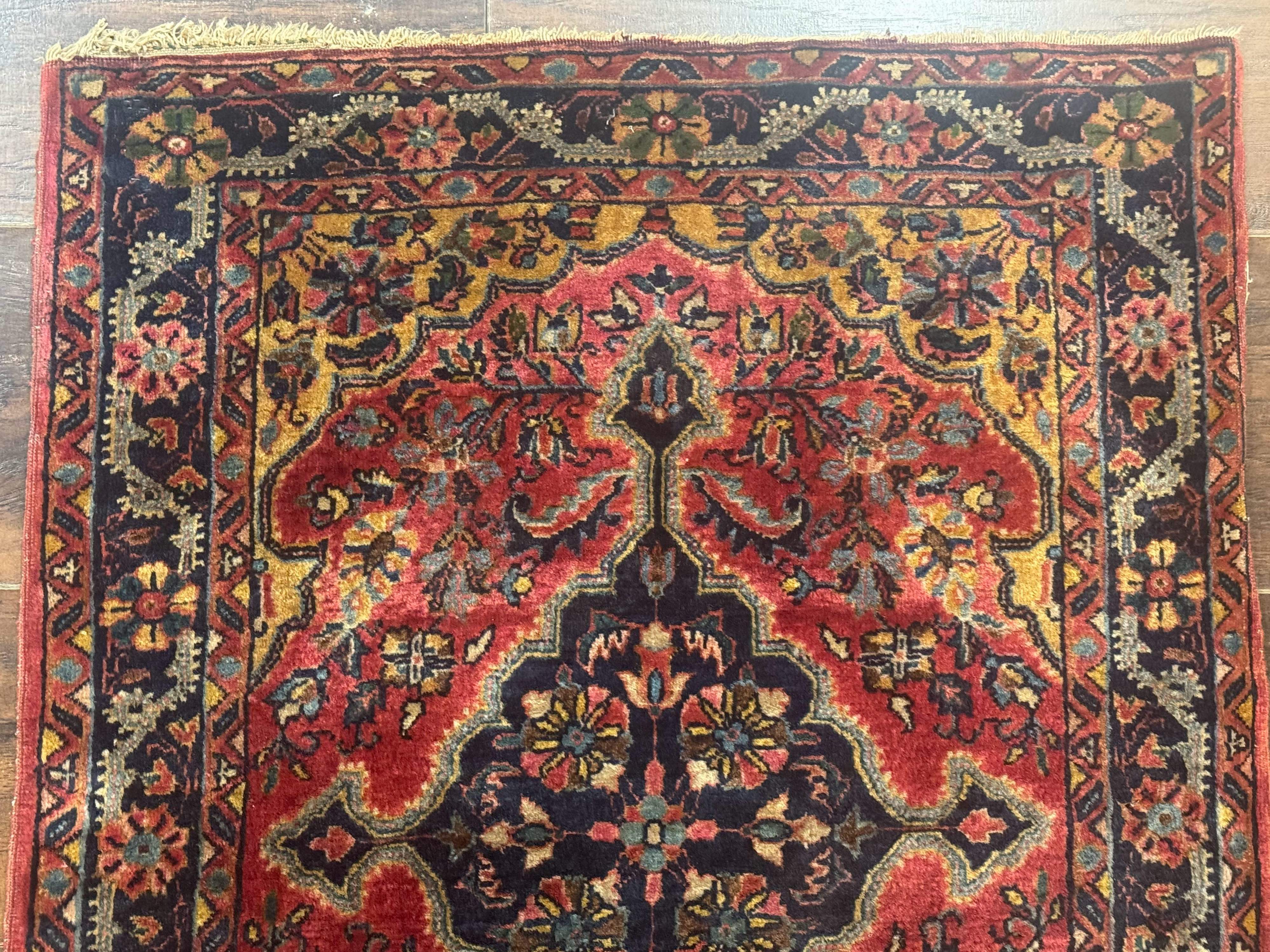 Persian Sarouk Rug 2x3 – Red and Navy, Small Hand-Knotted Wool Antique Accent Rug - Jewel Rugs