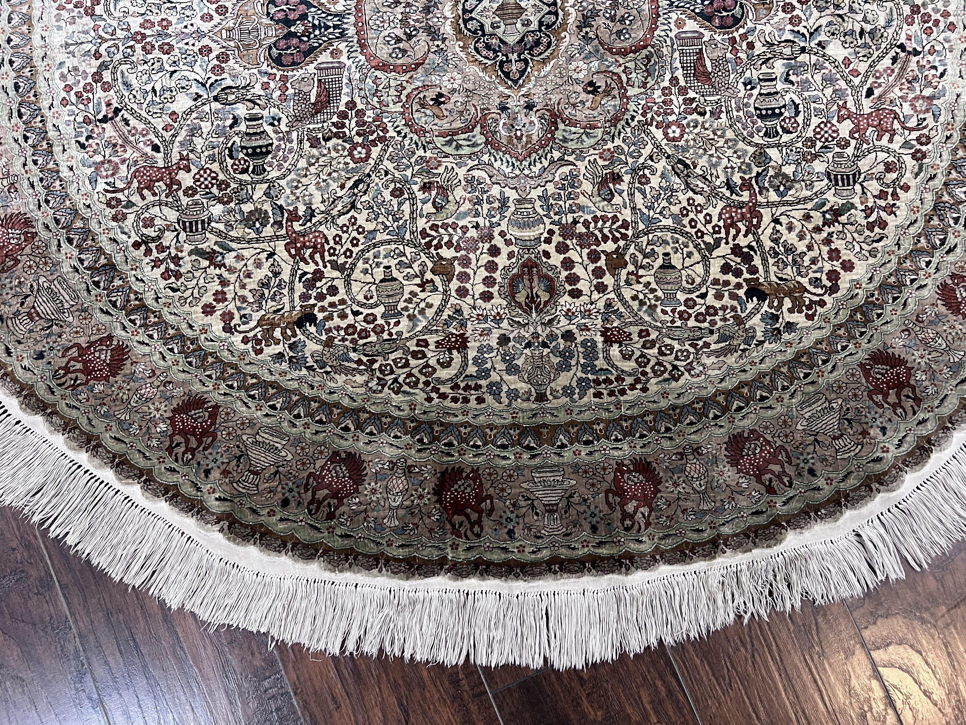Silk Round Sino Persian Rug 5x5, Super Fine 650 KPSI, All Silk Vintage Handmade Round Carpet, Animal Pictorials, Floral Medallion Cream, Wow - Jewel Rugs