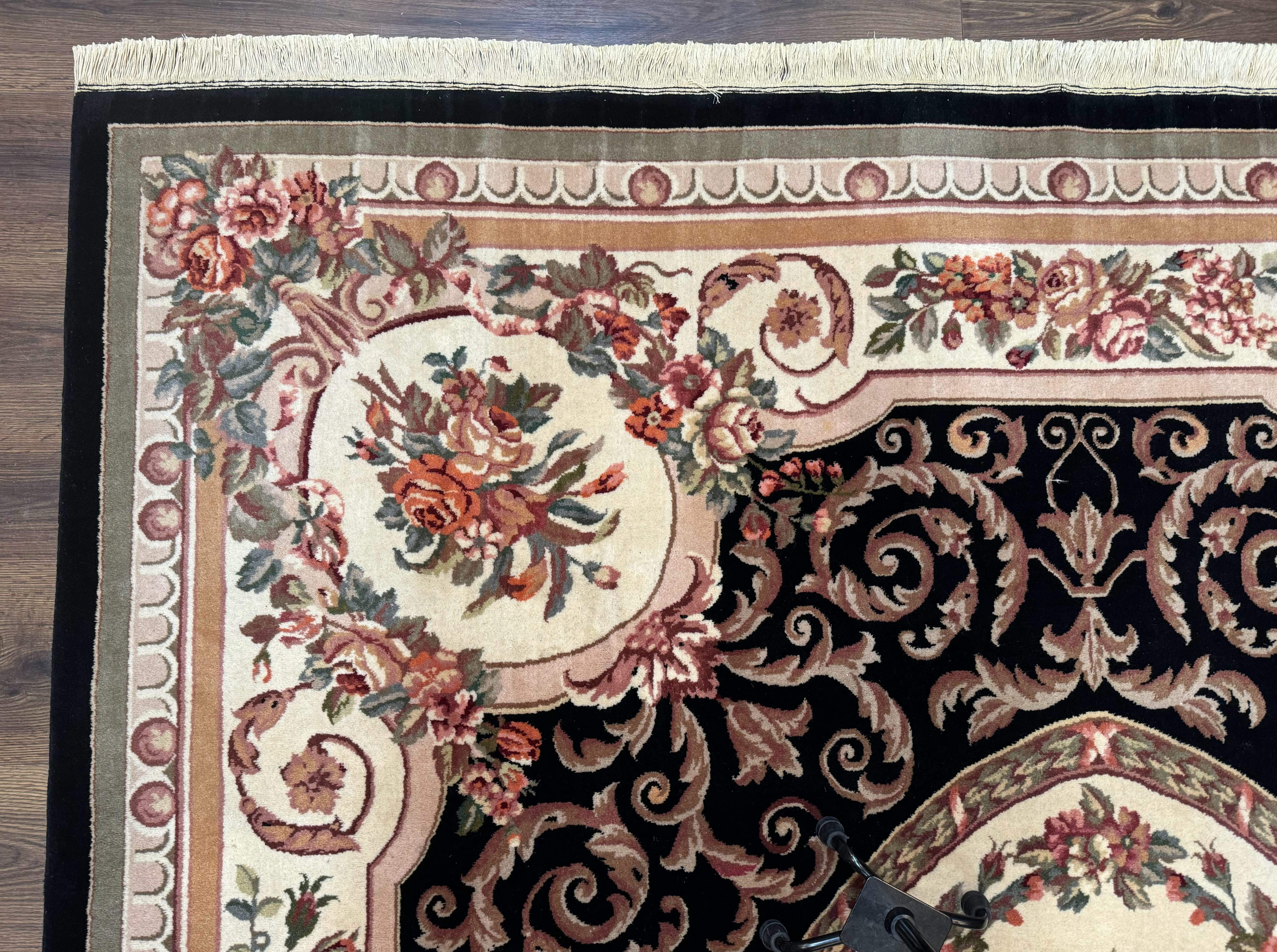 Aubusson Rug 8x10 – Black and Ivory, Hand-Knotted Wool, Vintage Carpet - Jewel Rugs