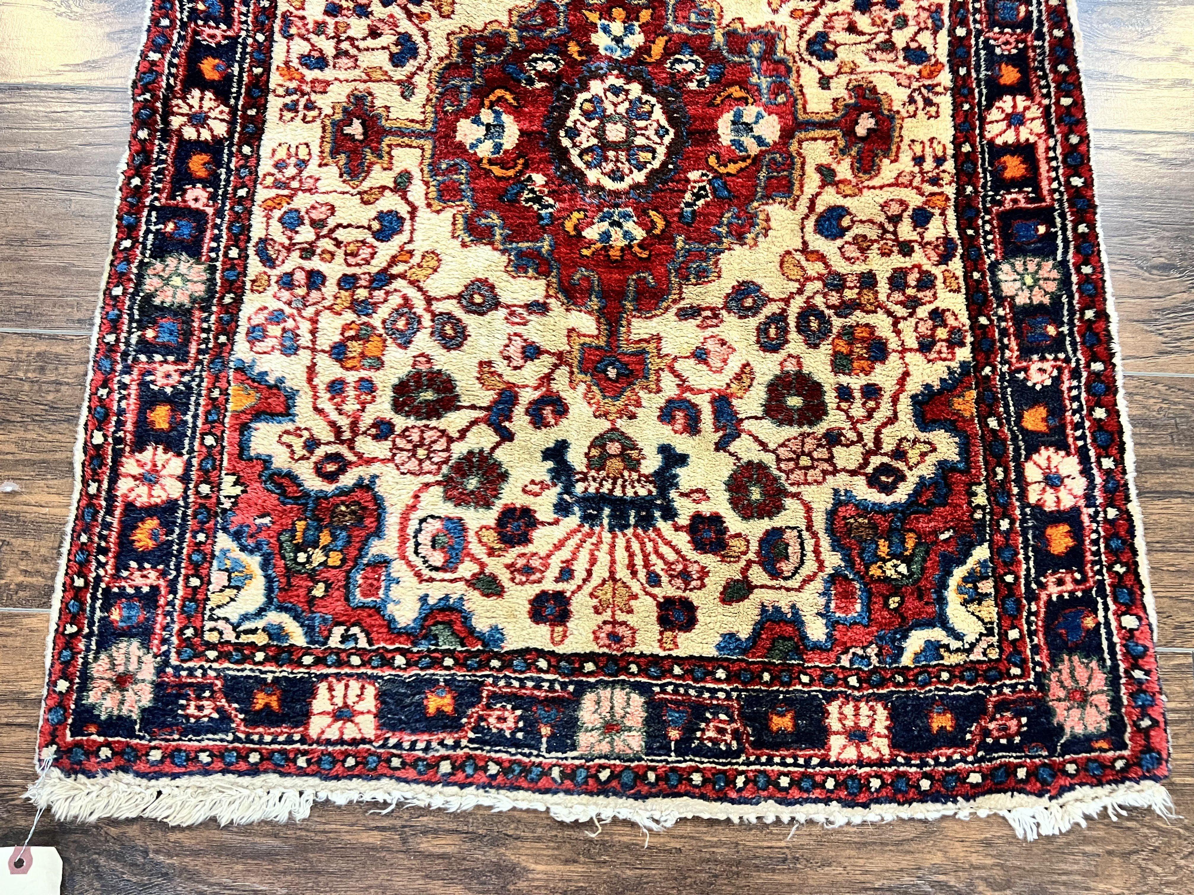 Persian Sarouk Rug 2x3, Antique Wool Hand Knotted Carpet, Cream/Ivory & Red, Small Floral Medallion Rug, Handmade Oriental Carpet - Jewel Rugs