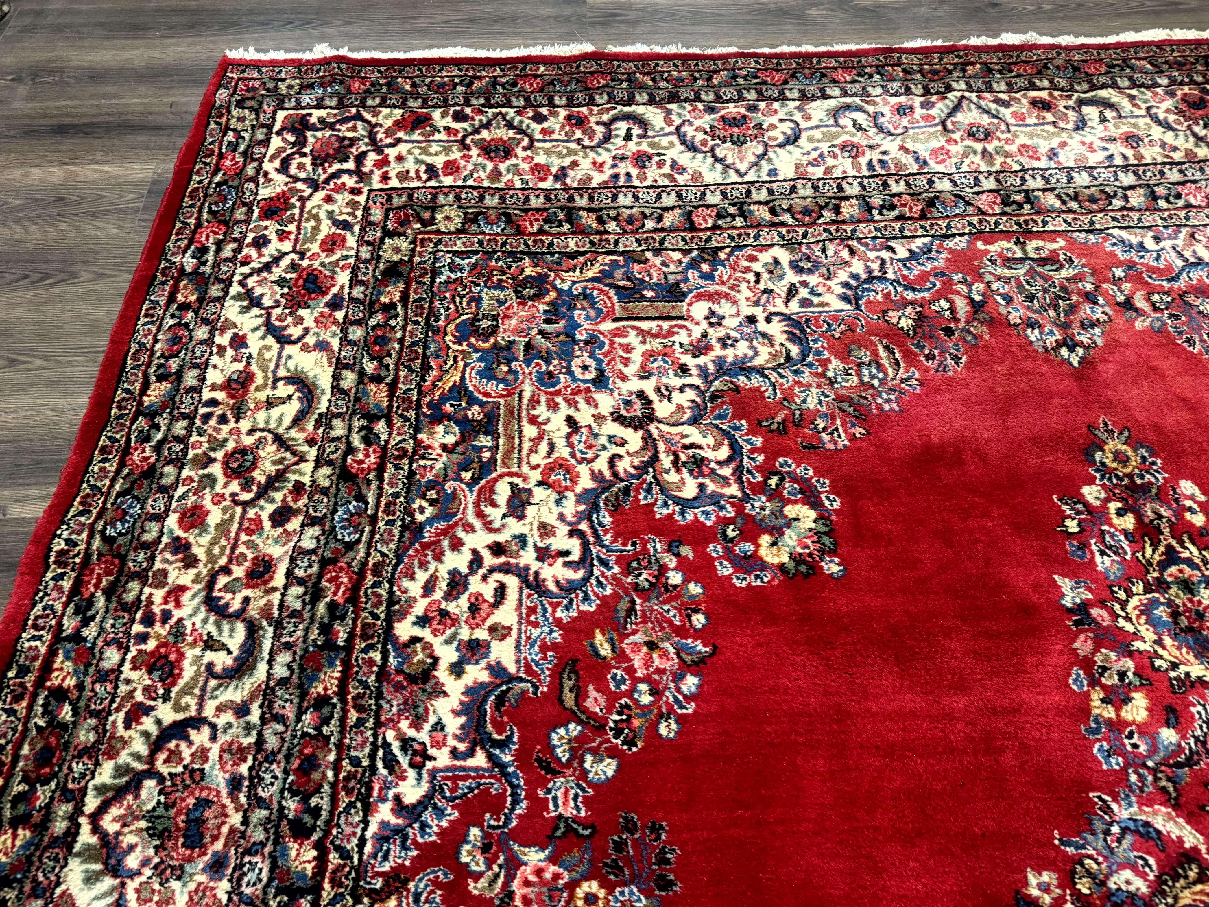 Persian Sarouk Rug 10x13, Semi Open Field, Red Ivory Blue, Large Antique Persian Carpet, Traditional Wool Rug - Jewel Rugs