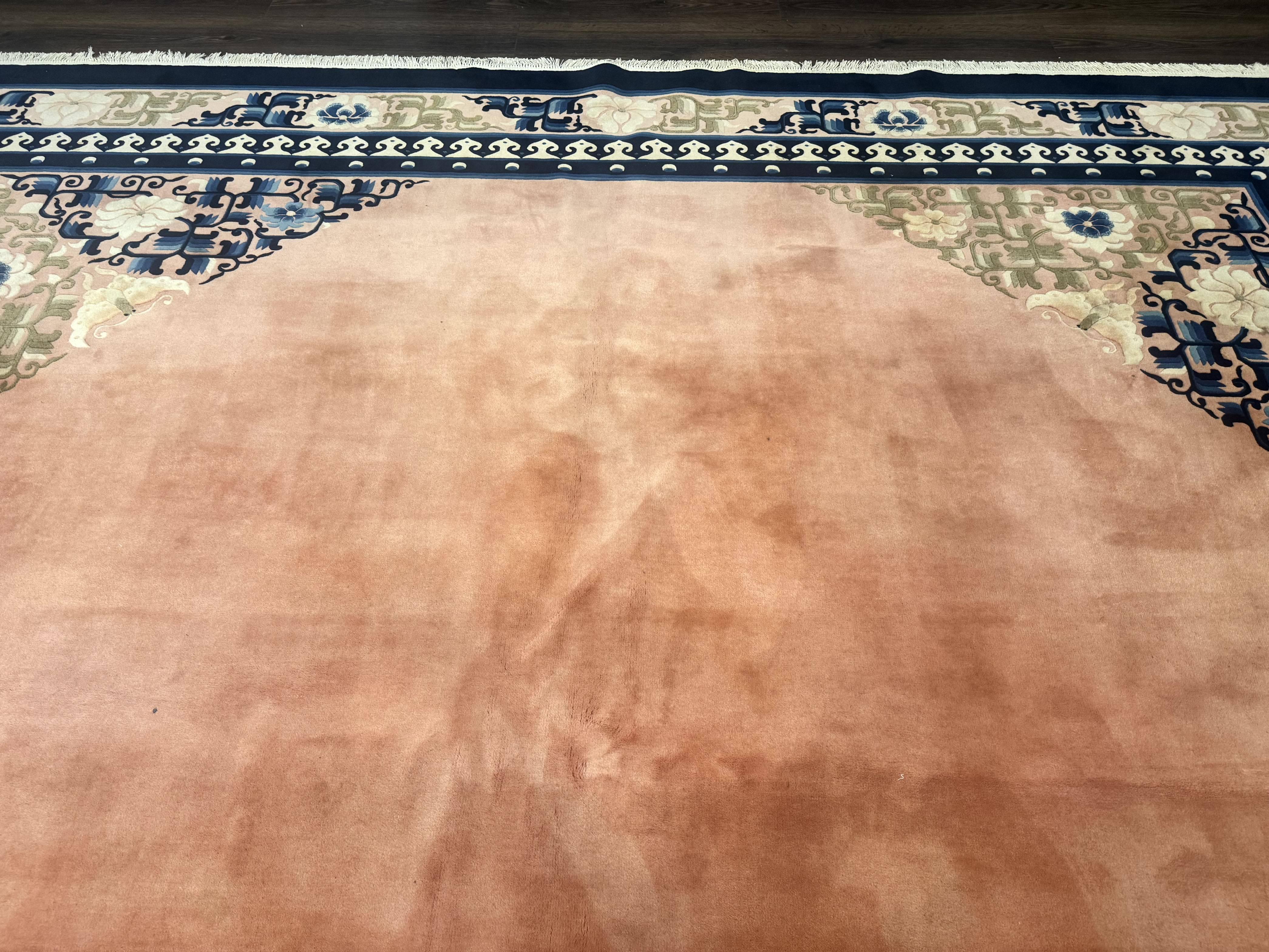 Chinese Wool Rug 11x18, Palace Sized Chinese Carpet, Peking Rug, Peach and Blue, Open Field, Simple Design, Art Deco Rug, Large Handmade Rug - Jewel Rugs