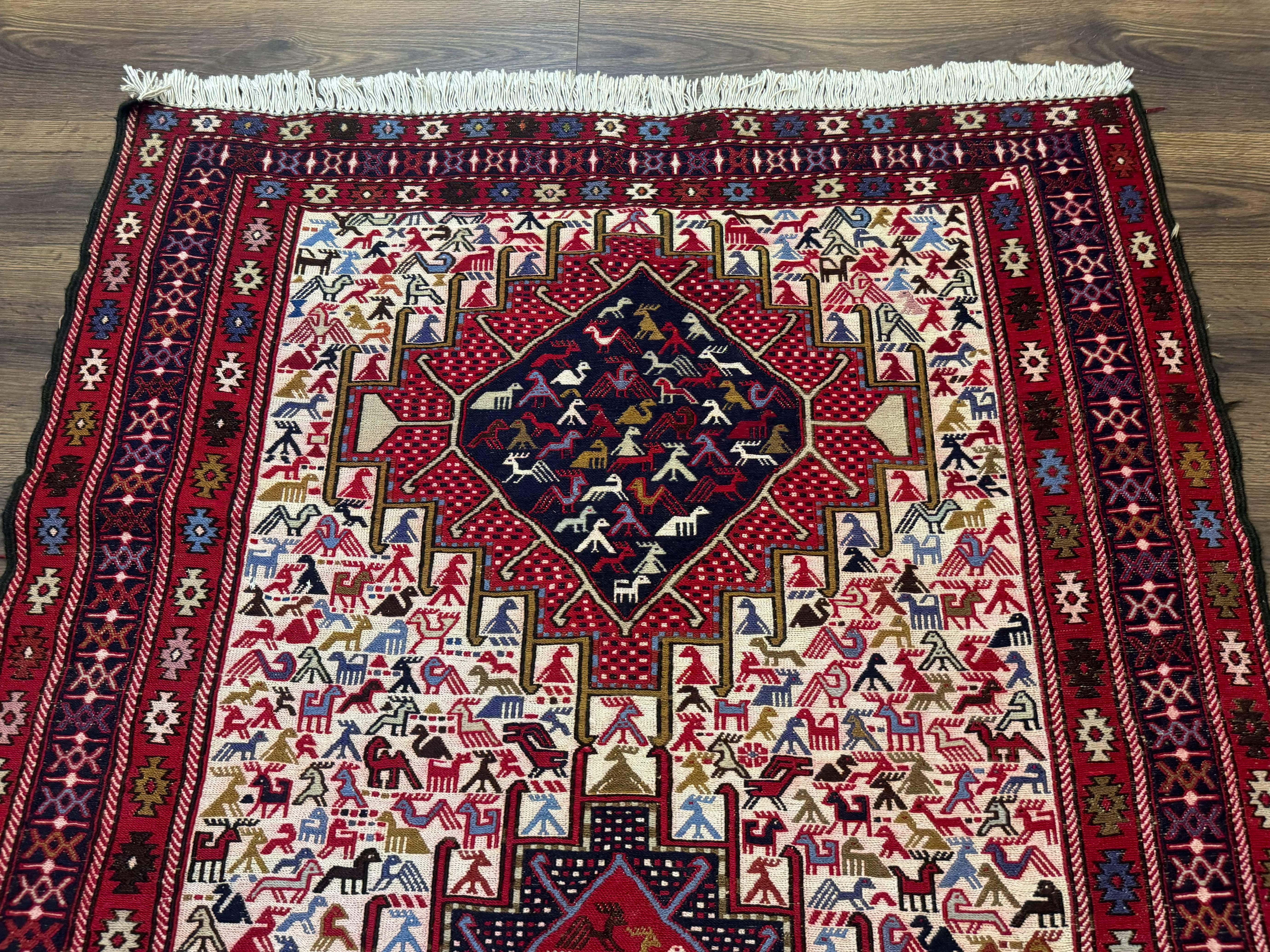 Persian Soumak Kilim Rug 4x6, Triple Medallions Tribal Pictorials, Caucasian Azerbaijani Kilim - Jewel Rugs